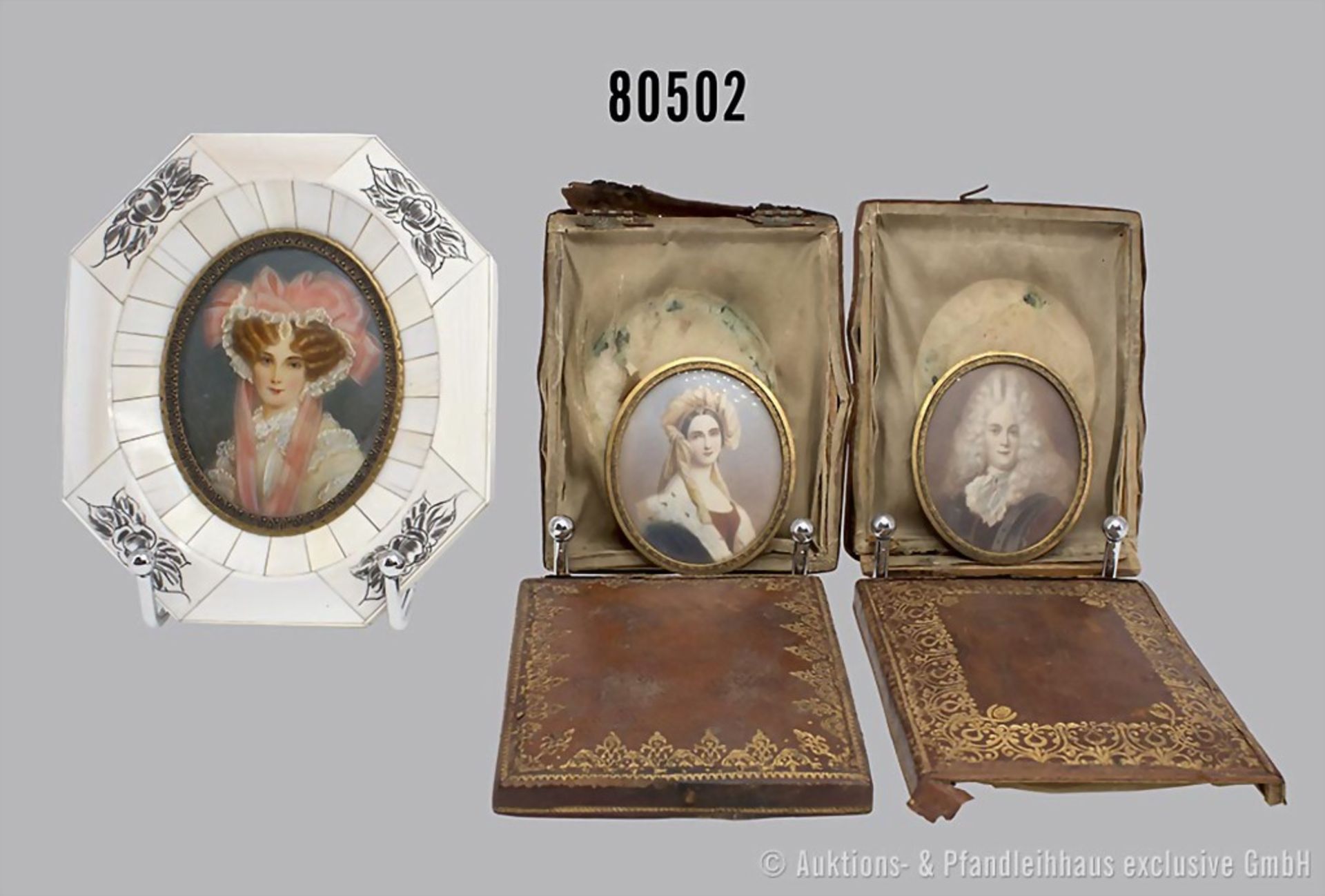 3 Biedermeier-Miniaturen Gouache/ Bein. Brustbildnis eines Paares, 1x monogrammiert, 7 x ...