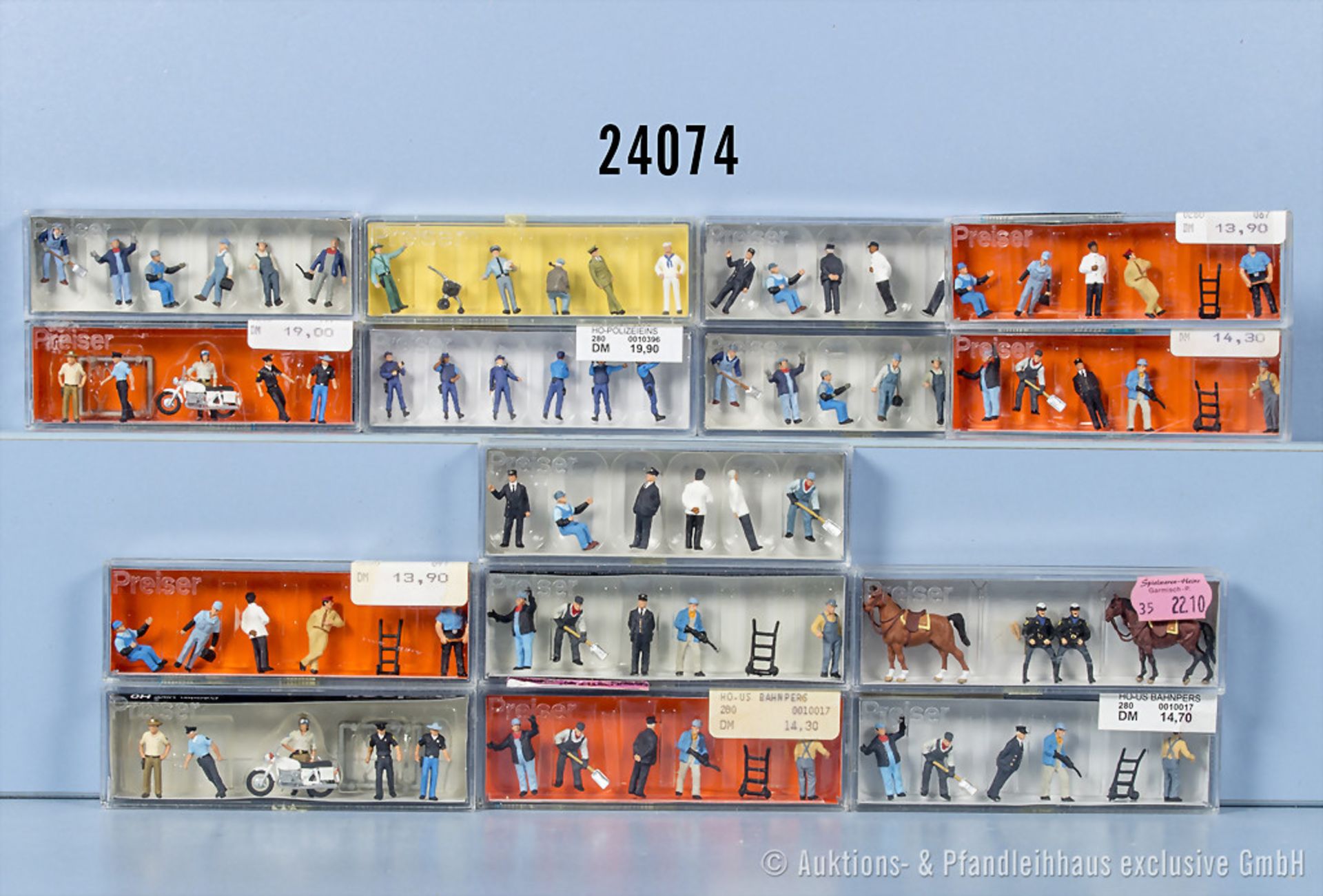 15 Preiser H0 US-Figurensätze, dabei Cops, Lokpersonal, Arbeiter u.a., Z 0-1, in ...