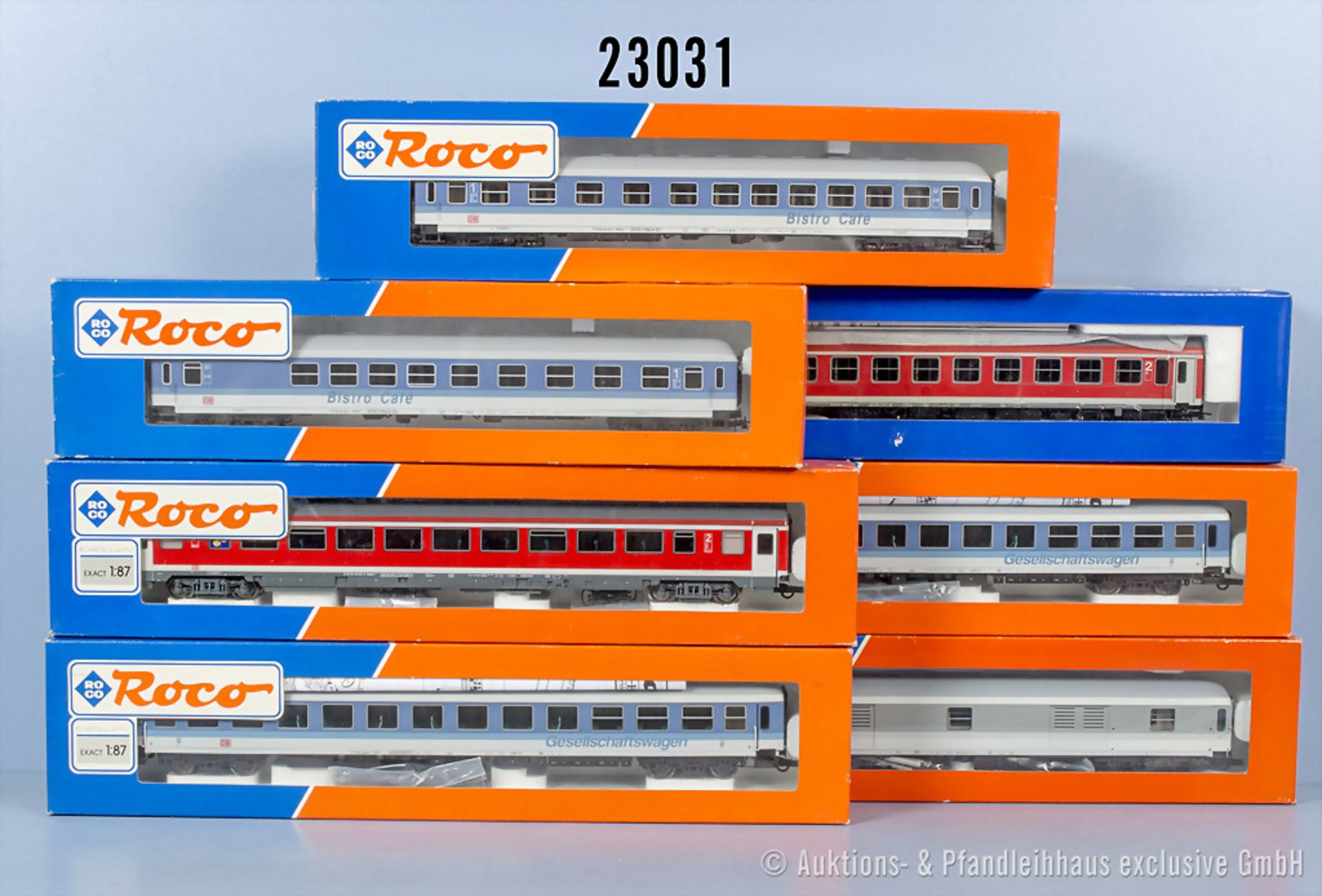 7 Roco H0 D-Zug Wagen, dabei 2 Personenwagen, 2 Bistrowagen, 2 Gesellschaftswagen und 1 ...