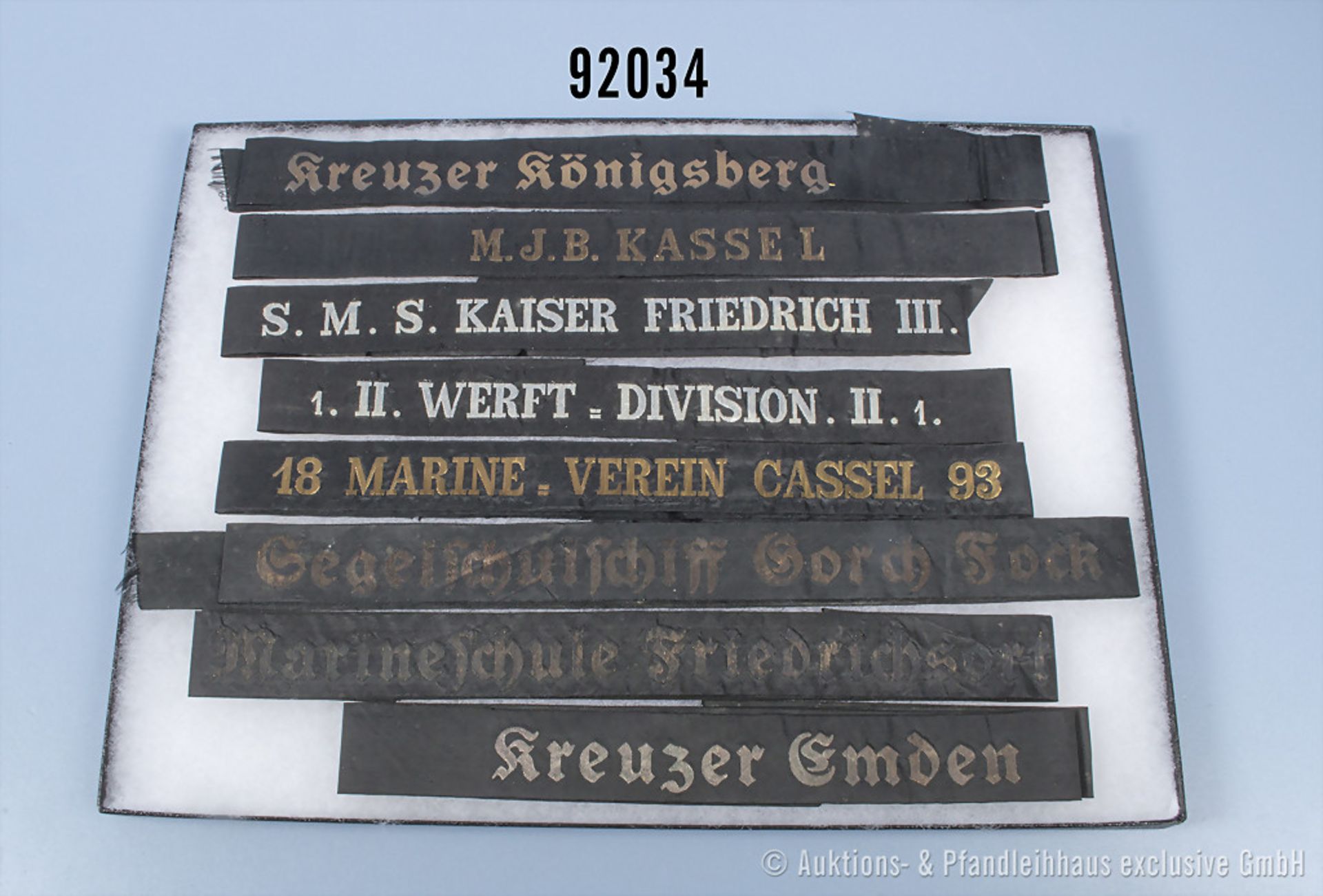 Konv. 8 Mützenbänder Kaiserliche Marine und Kriegsmarine, "Kreuzer Königsberg", "M.J.B. ...
