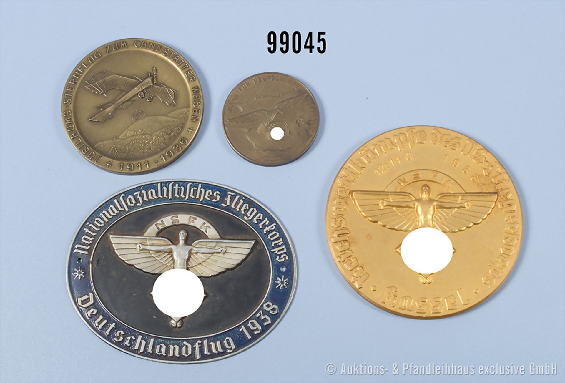 Konv. 4 Plaketten/Medaillen NSFK Deutschlandflug 1938 und Reichswettkämpfe Kassel 1938, ...