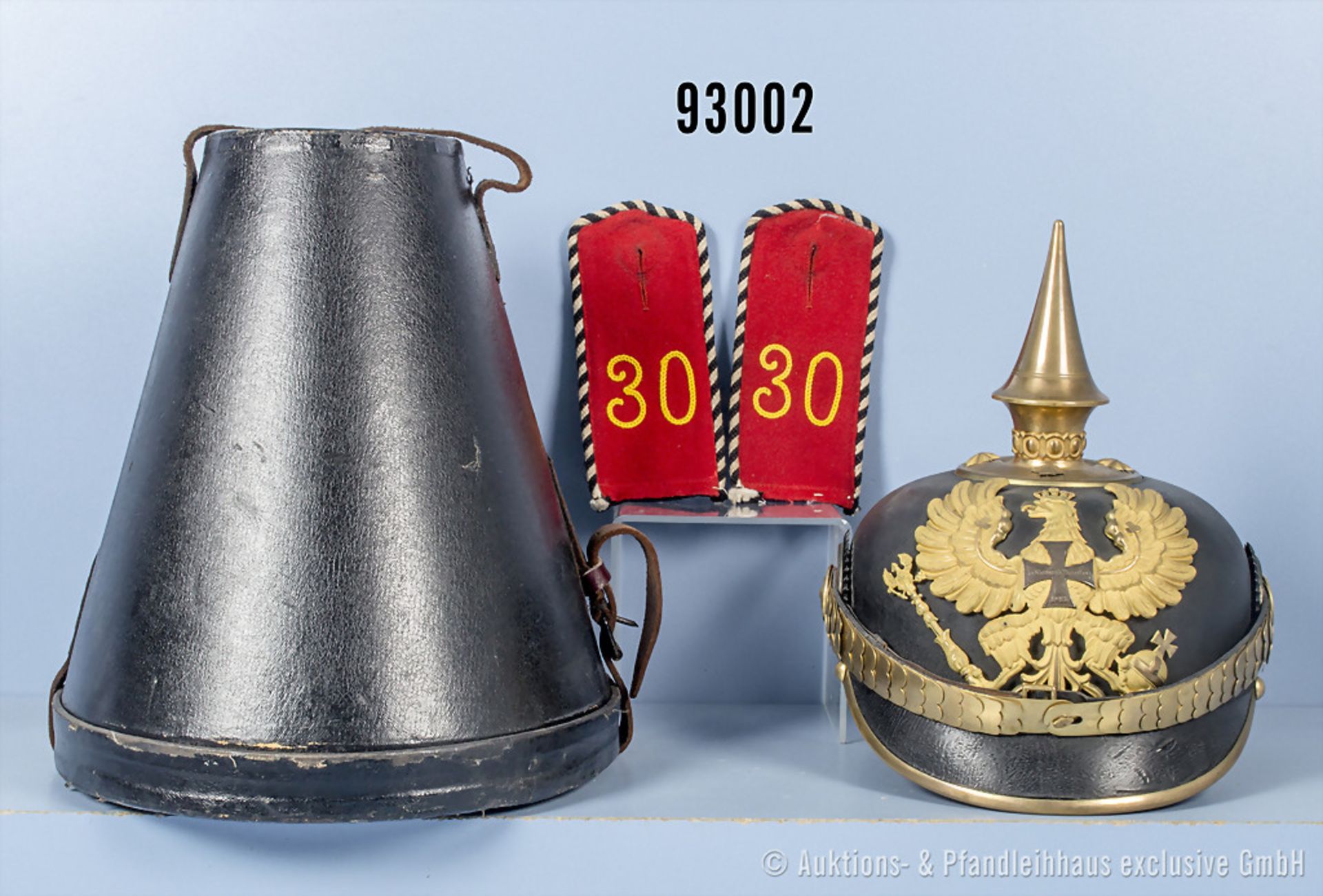 Konv. Preußen Pickelhaube für Landwehr-Offiziere der Infanterie, komplett mit flacher ...