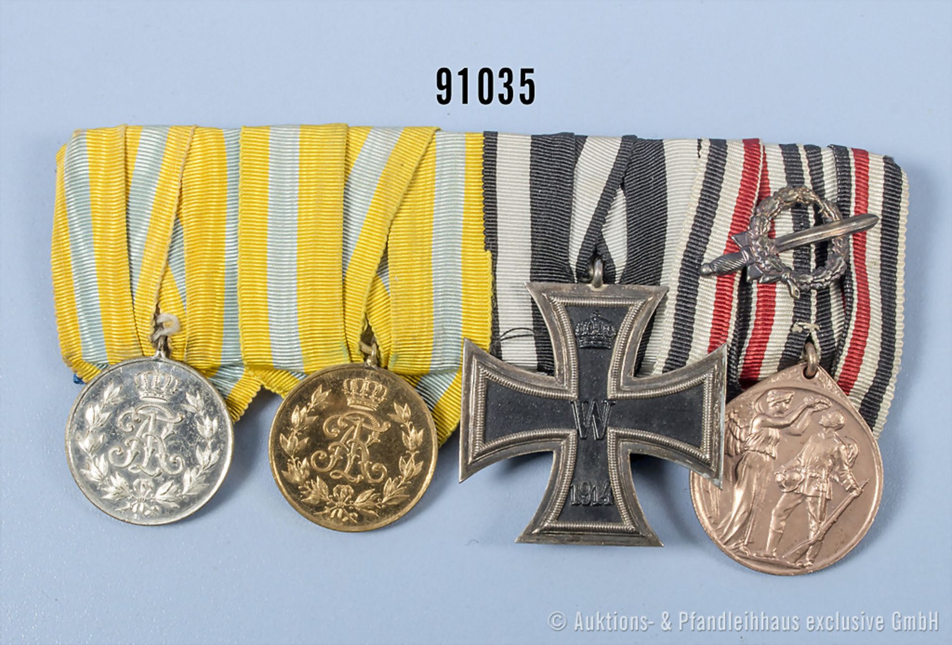 4er Ordenspange Sachsen Friedrich-August-Medaille in Silber und Bronze, EK 2 1914 und ...