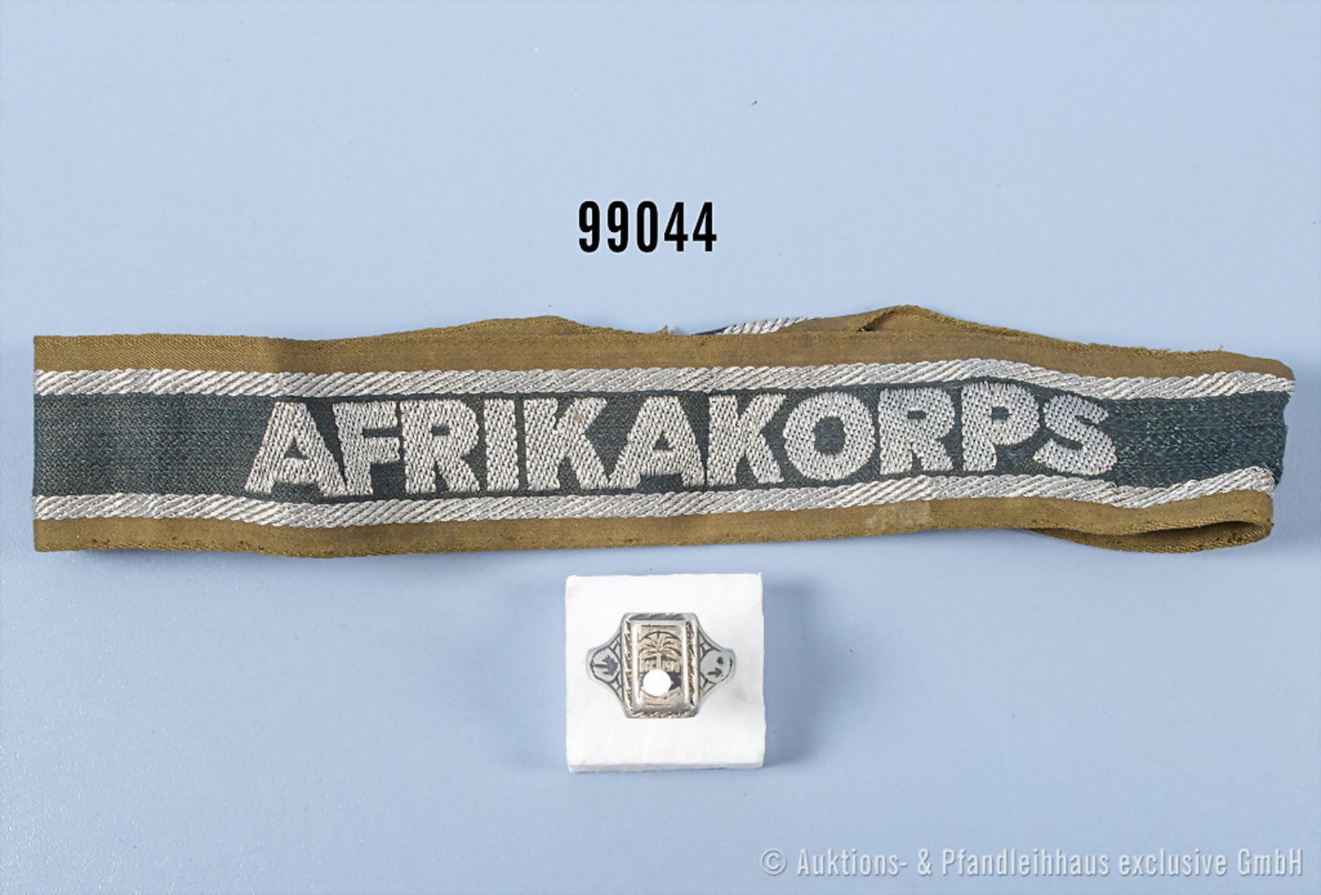 Konv. Afrikakorps Ärmelband, L ca. 43 cm und Erinnerungsring "DAK 1941", Silberpunze ...