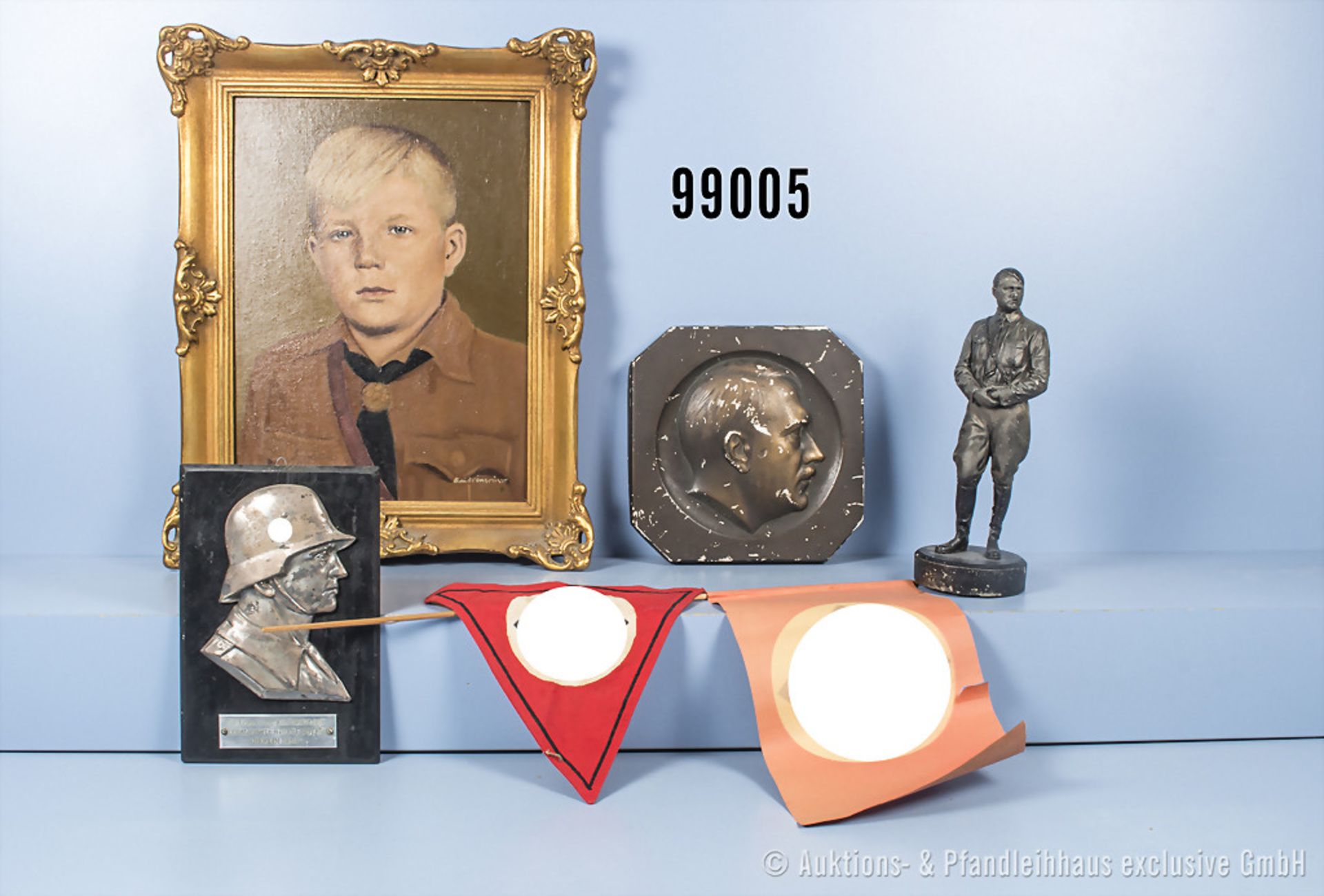 Konv. gerahmtes Ölbild eines Hitlerjungen, ca. 50,5 x 40,5 cm, HK-Stoffwimpel, ...
