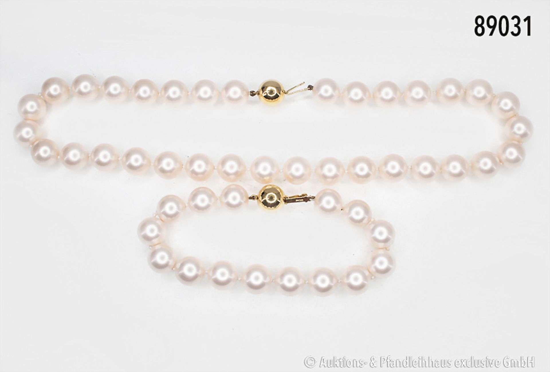 Konv. Perlenkette (L ca. 45 cm) und -armband (L ca. 21 cm), Schließen 585er Gelbgold, ...