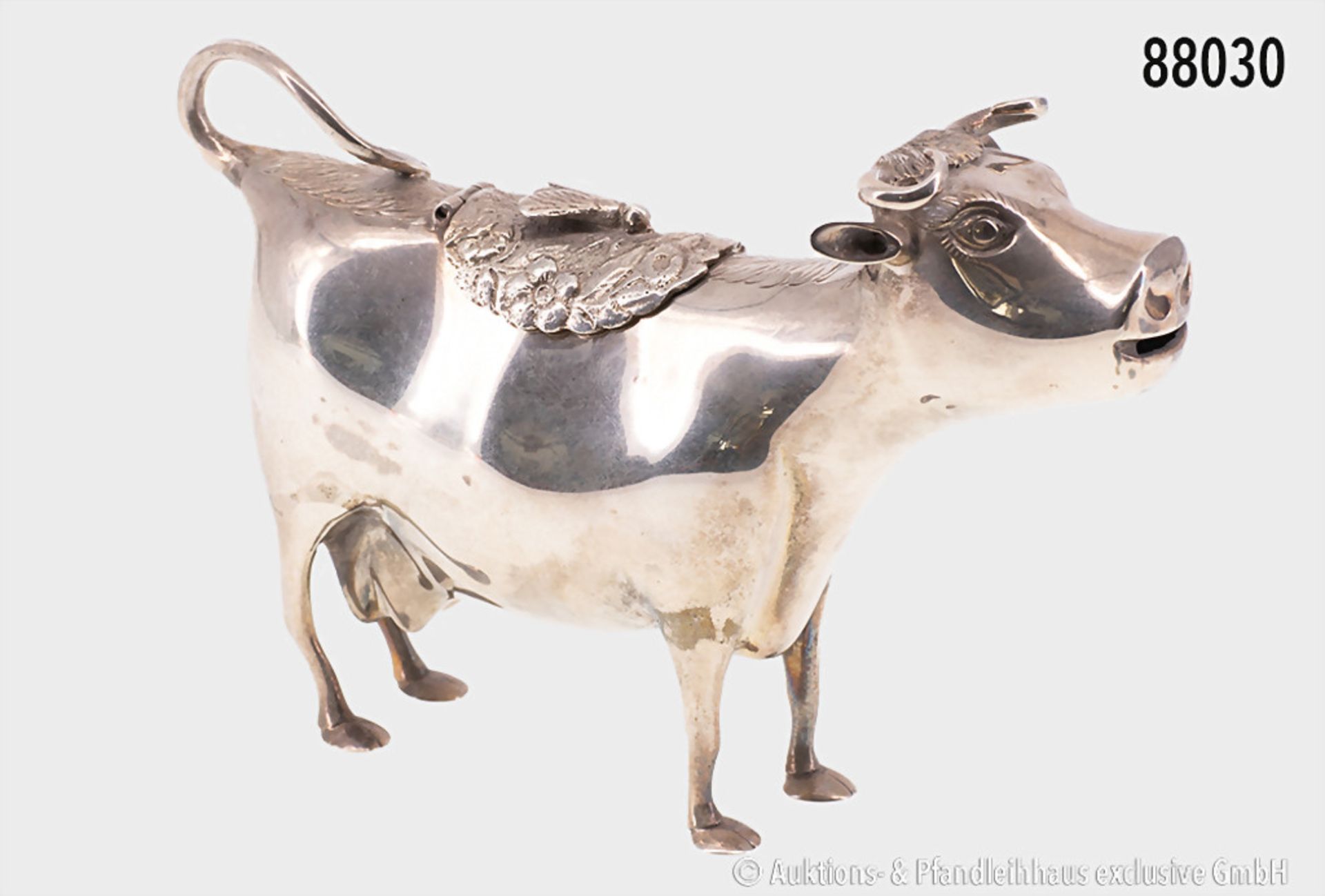 Silbernes Milchkännchen in Form einer Kuh mit Deckel, darauf eine Biene, verschlagene ... - Bild 2 aus 4