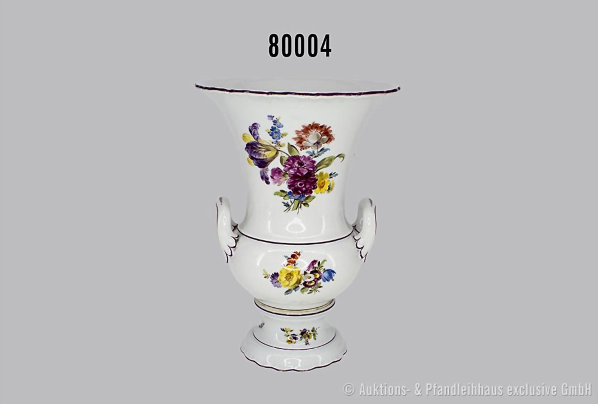 Meissen Henkelvase, Porzellan, polychrome Blumenmalerei, Goldstaffage, Kratervase mit ...