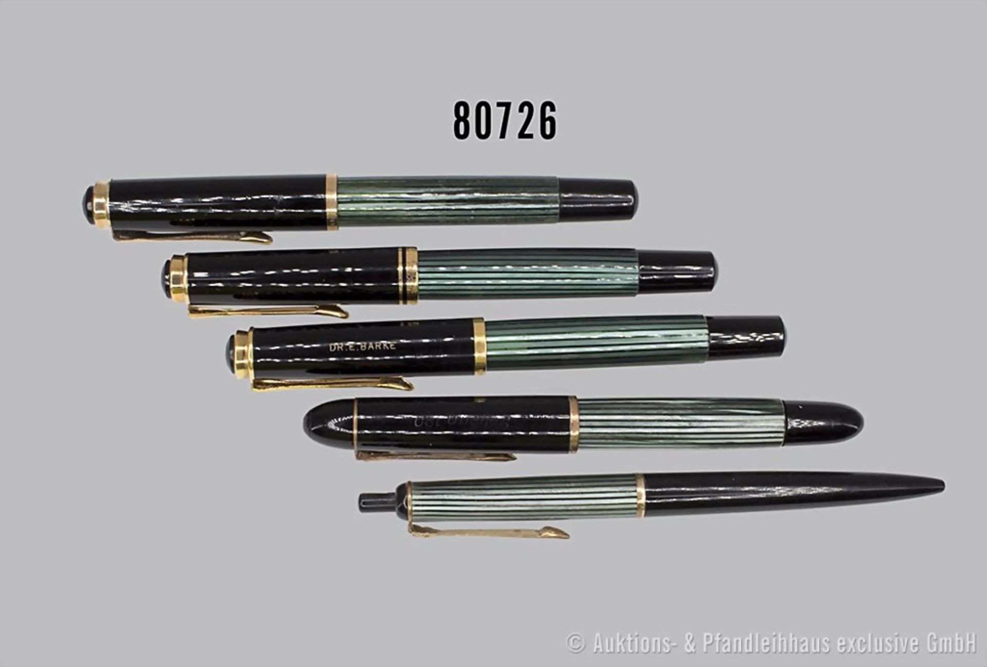 Pelikan 5 Schreibgeräte, Modell Souverän, 3 Füllfederhalter, 1x 120, ca. 1955-65, ...