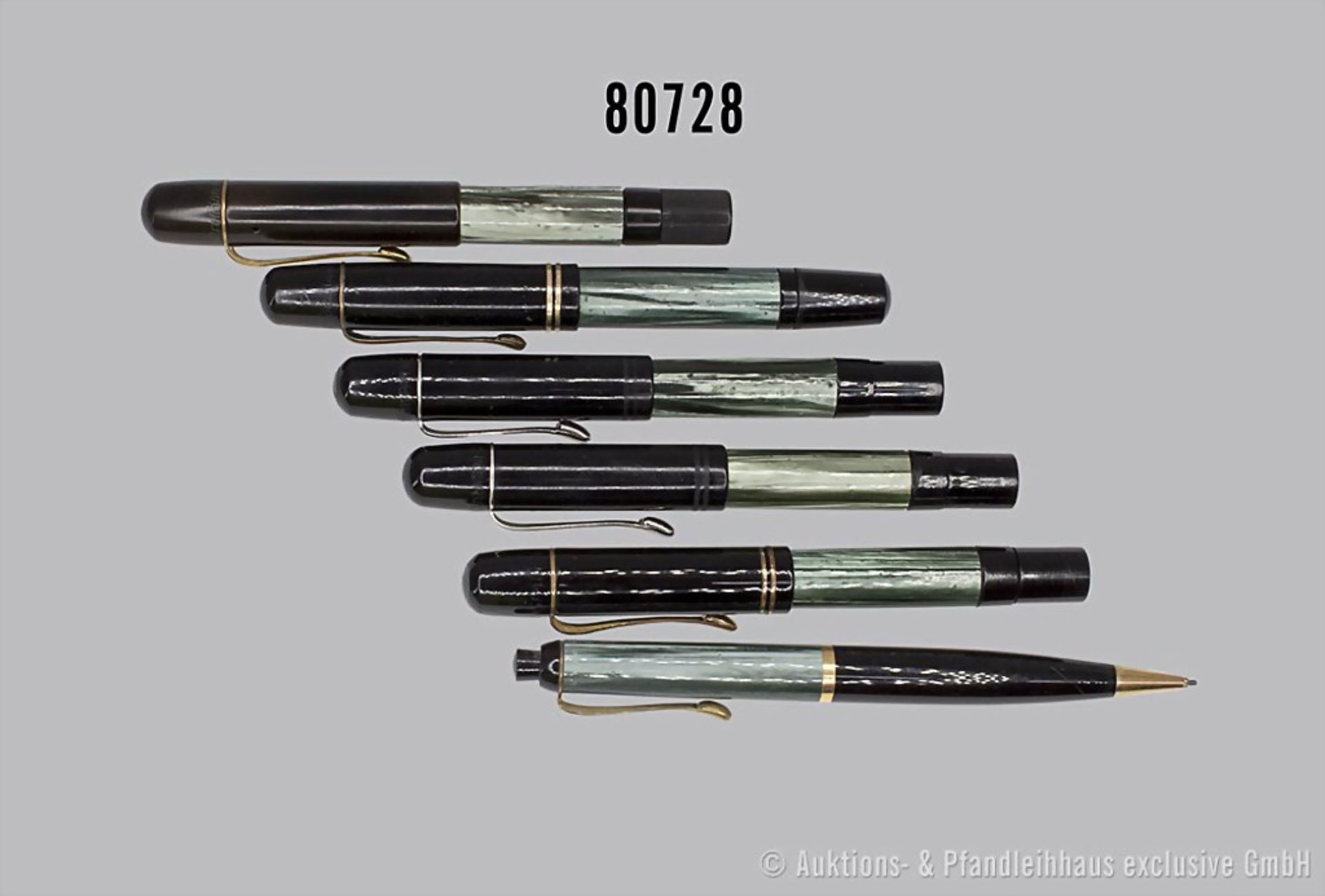 Pelikan 6 Schreibgeräte, 5 Füllfederhalter, 2x 14 K Goldfeder, 2x CN-Feder (1939-49), 1 ...