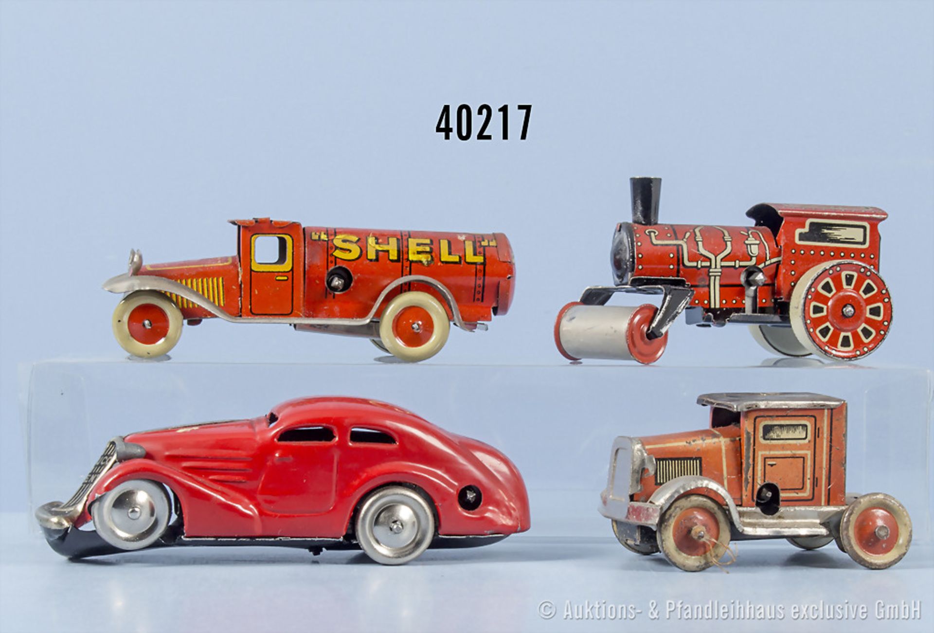 4 Blechfahrzeuge, Schuco Patent, Shell Tankwagen, Zugmaschine und Dampfroller, Uhrwerk, ...