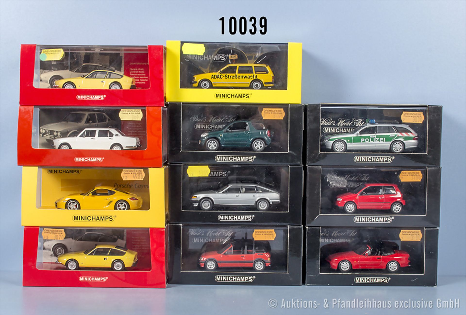 11 Minichamps Modellfahrzeuge, dabei 1600 Junior Z - 1972, Porsche Cayman S usw., ...