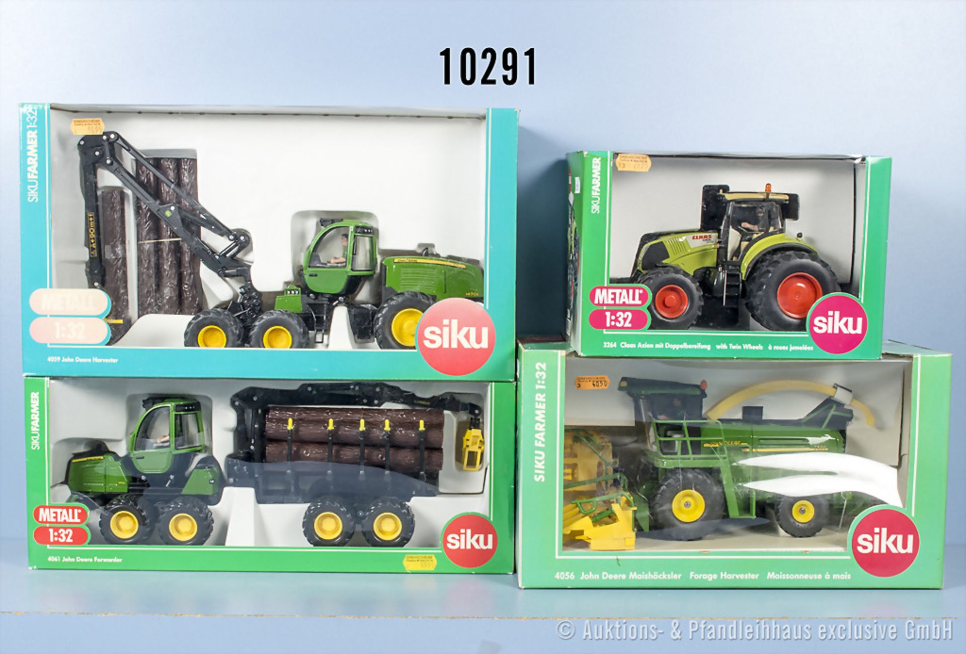 4 Siku Modellfahrzeuge, lnadwirtschaftliche Maschinen, dabei 4059 John Deer Harvester, ...