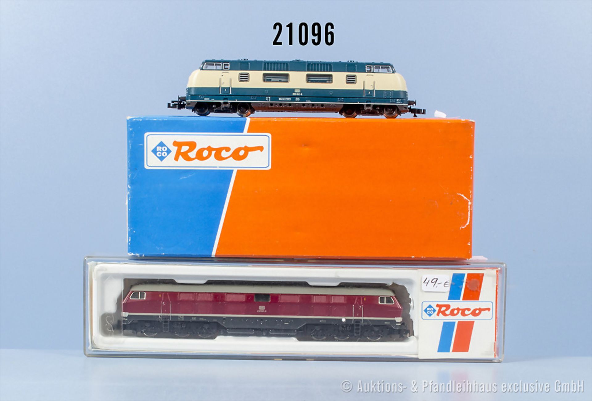 2 Roco Spur N Lokomotiven, dabei 23268 Diesellok der DB, BN 232 001-8, Boden beklebt und ...