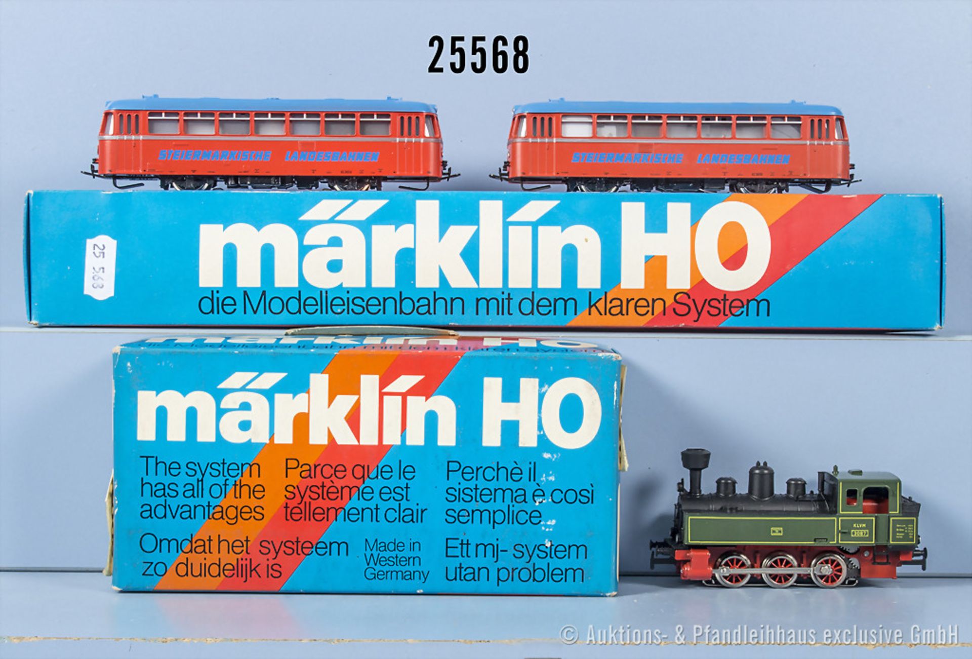 Märklin H0, dabei 3087 Tenderlok der KLVM und 3140 Schienenbus der SLB mit Beiwagen, Z ...