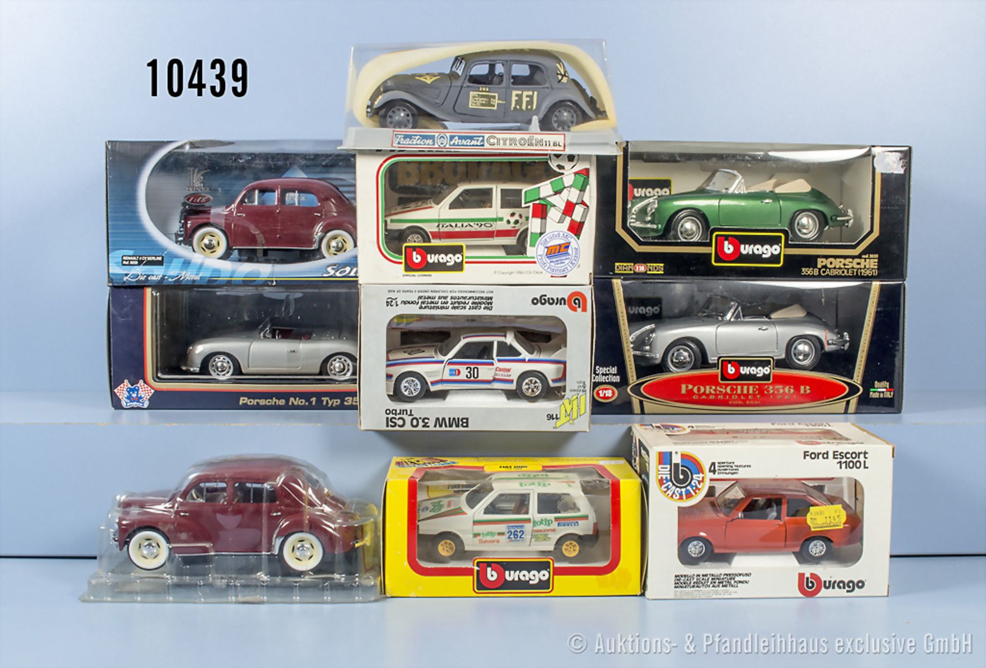 10 Modellfahrzeuge, u.a. Bburago Porsche 356B Cabriolet (1961) und BMW 3.0 CSI Turbo, ...