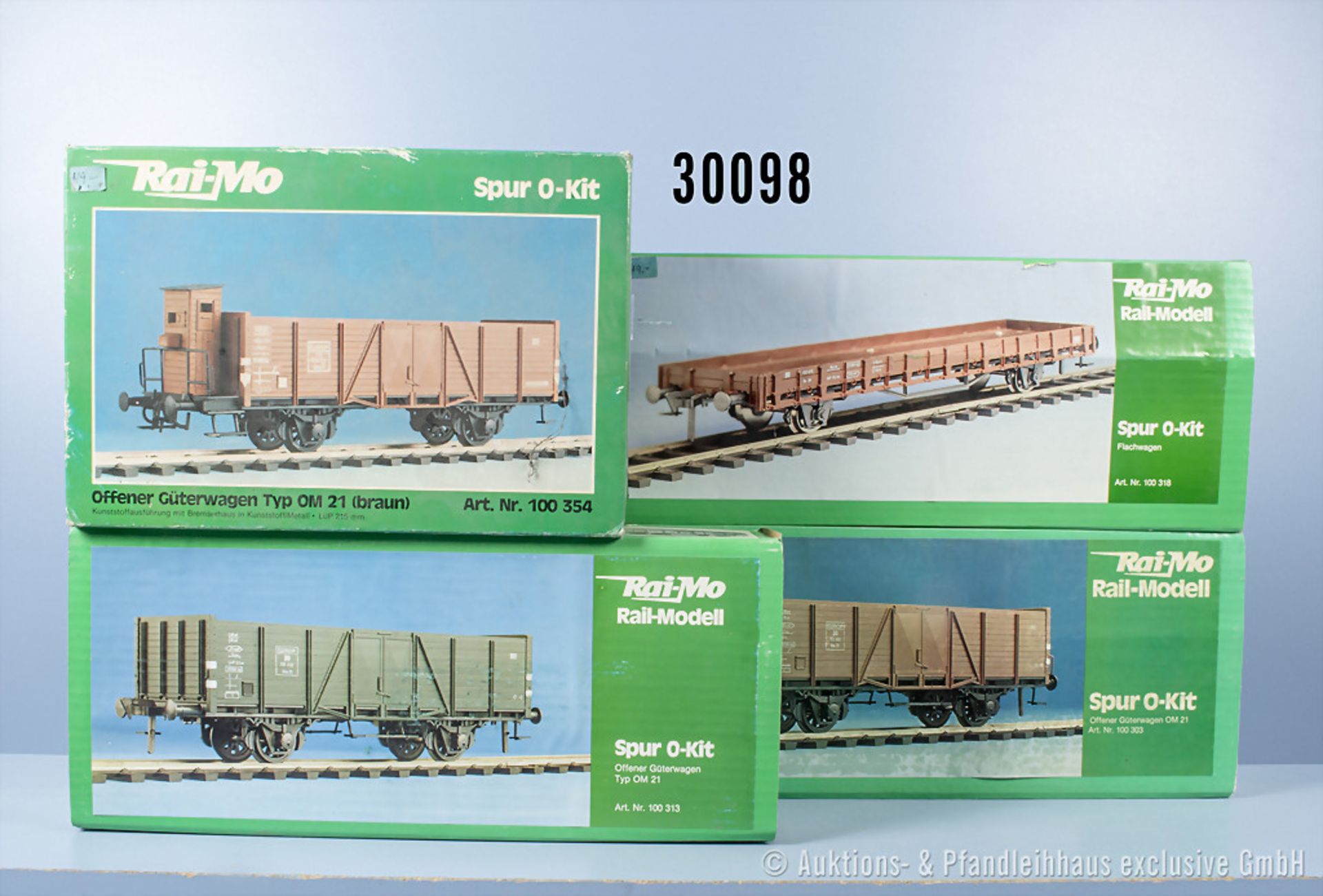 4 Rai-Mo Spur 0 Kunststoffbausätze für insgesamt 7 Güterwagen, Z 0-1, in OVP, teilw. ...