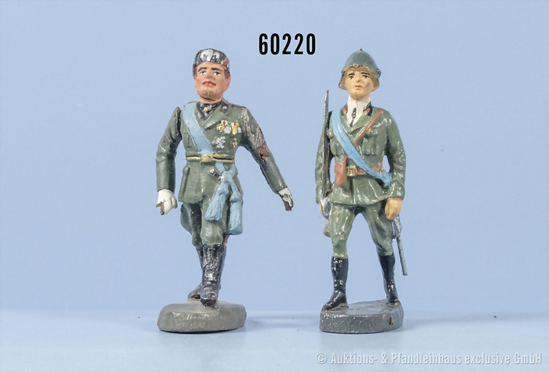 2 Elastolin Figuren im Marsch, italienischer Offizier und Mussolini mit beweglichem ...