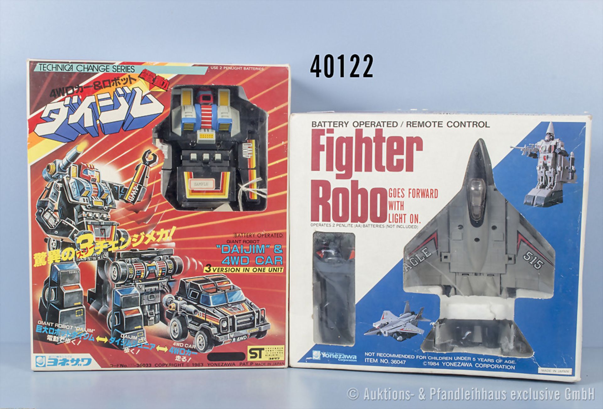 2 Yonezawa Space Toys, 1983 Daijin Transformable Robot, H 19 cm 1984 Fighter Robo Space ...