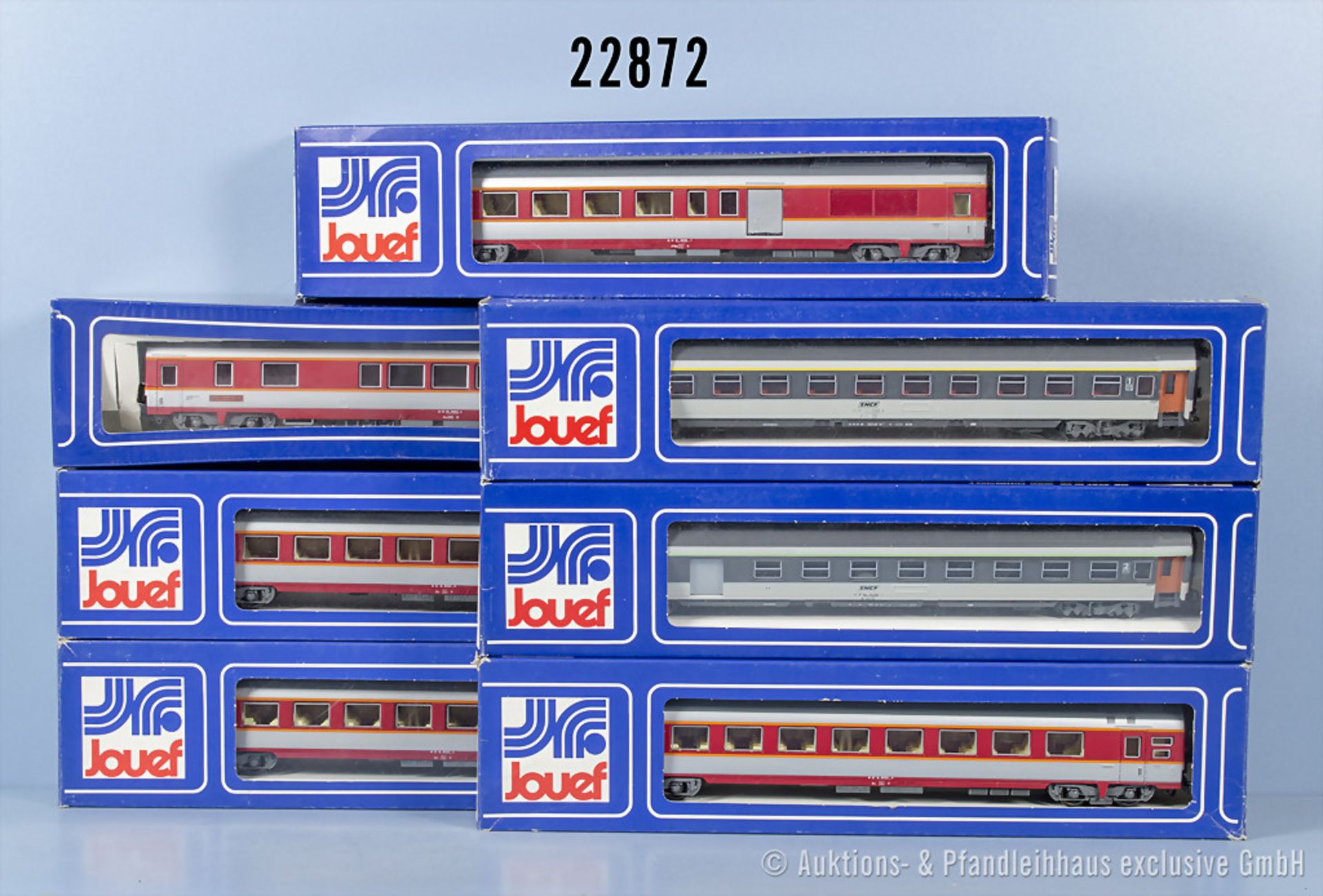 7 Jouef H0 D-Zug-Wagen, dabei 4 Personenwagen, 1 Speisewagen und 2 Halbgepäckwagen, Z ...