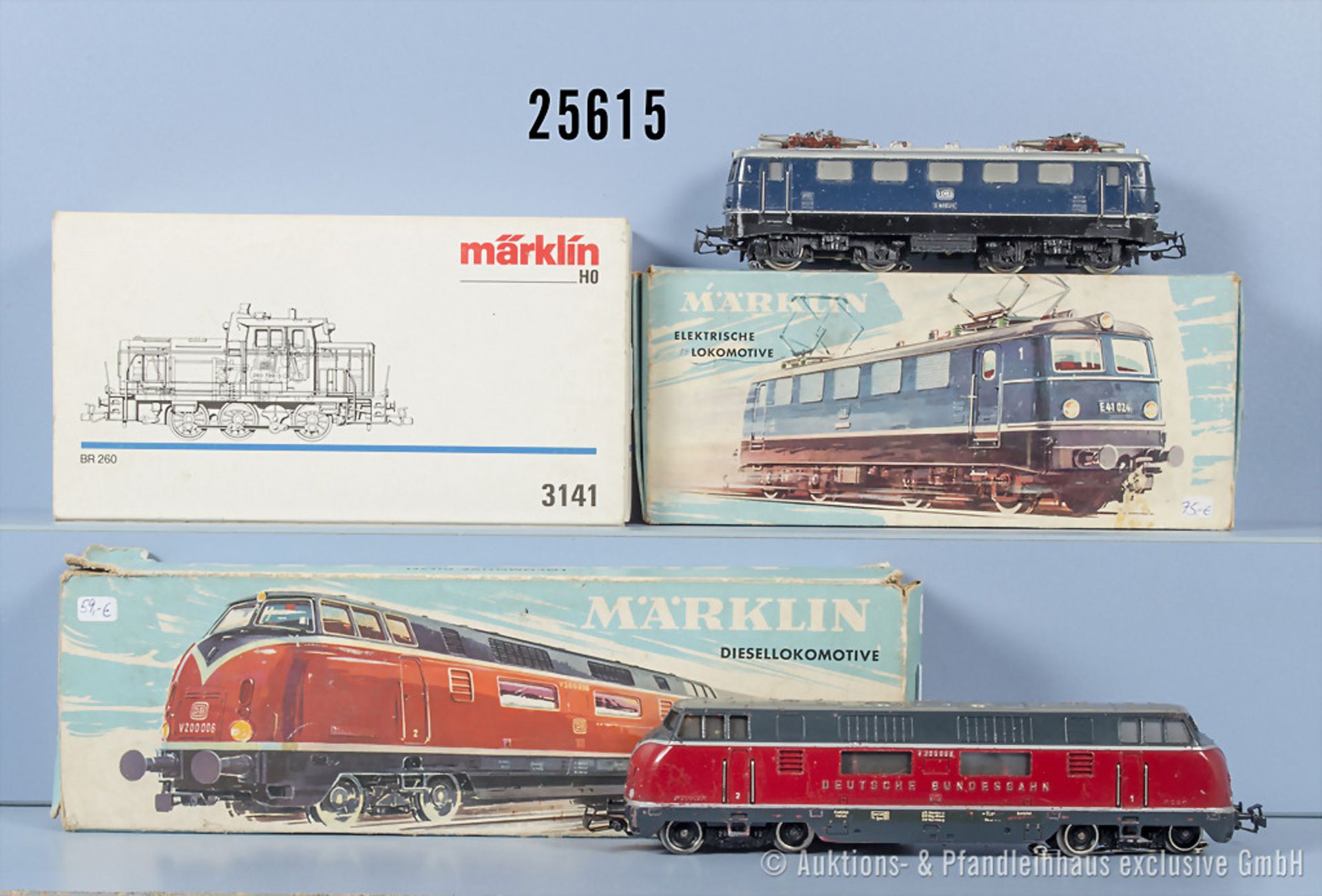 3 Märklin H0 Lokomotiven, dabei 3021 Diesellok der DB, BN V200 006, 3034 E-Lok der DB, ...