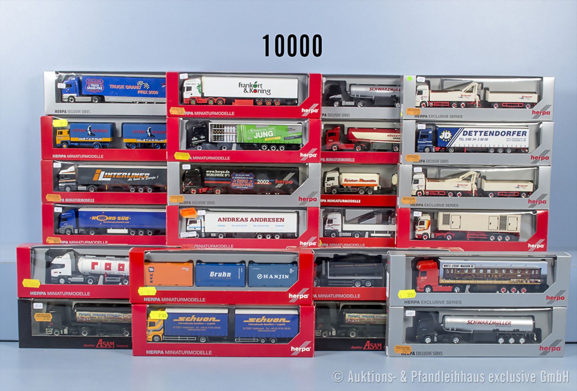 25 Herpa H0 LKW-Modelle, u.a. Sattelzüge und Lastzüge, 1x Container, Z 0, ...