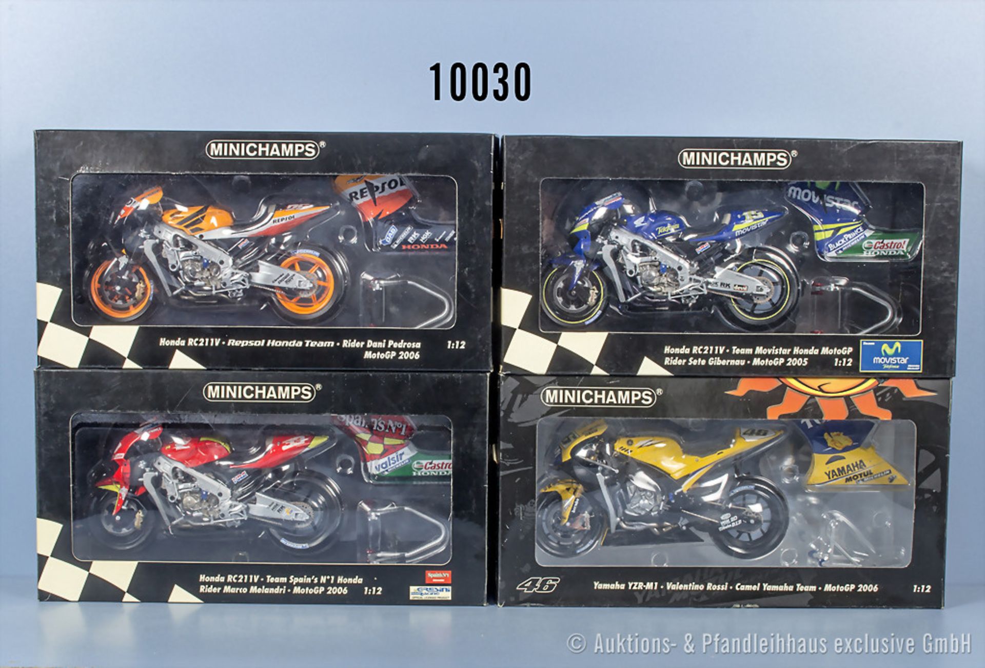 4 Minichamps Motorräder, Honda RC211V Gibernau, Yamaha YZR-M1 Valentino Rossi, Honda ...