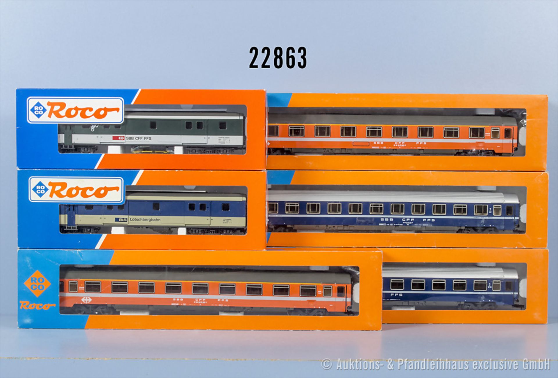 6 Roco H0 D-Zug-Wagen, dabei 2 Personenwagen, 2 Liegewagen und 2 Gepäckwagen, Z 1, in ...