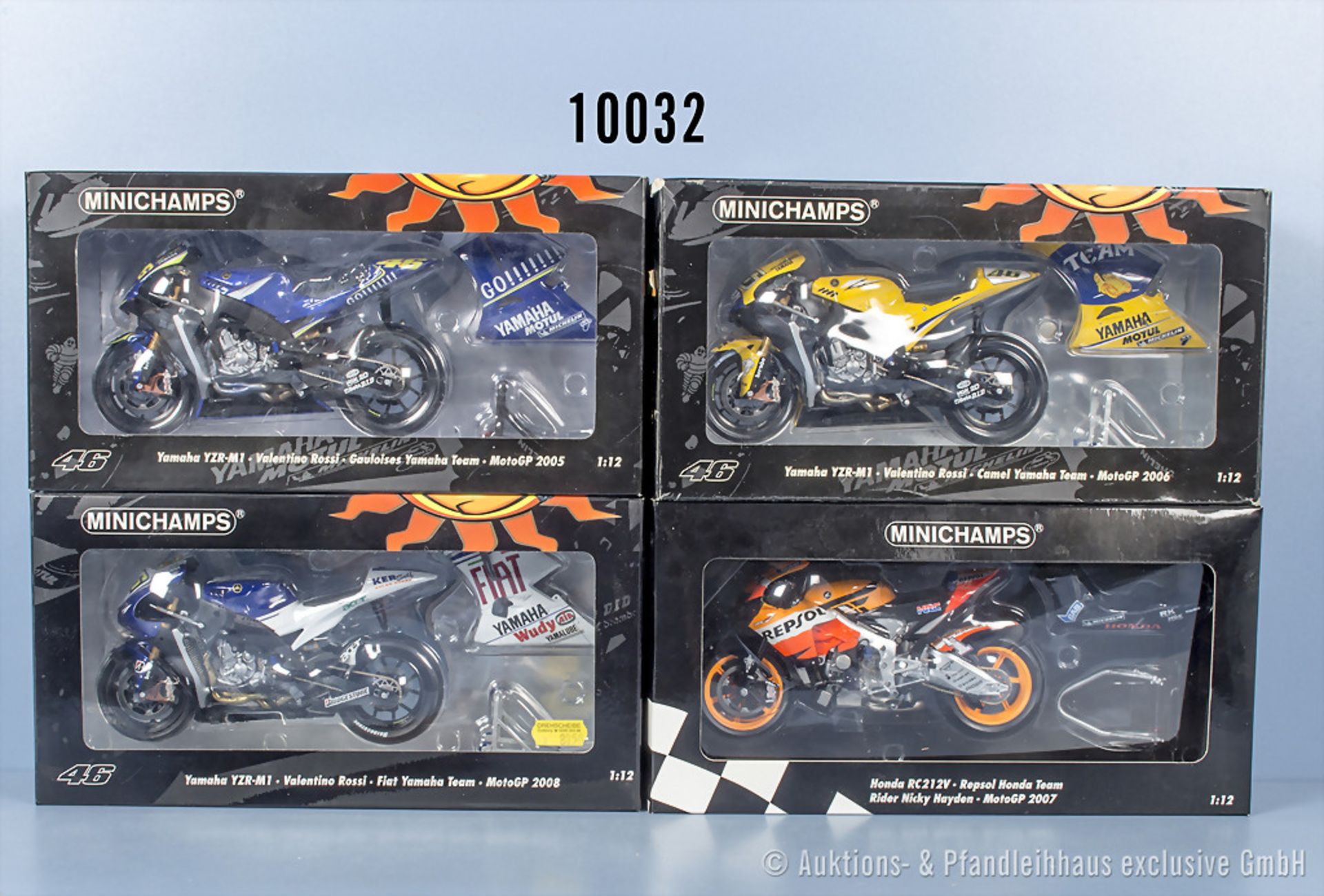 4 Minichamps Motorräder, Yamaha YZR-M1 Valentino Rossi, Moto GP 2005, 2006 und 2008, ...