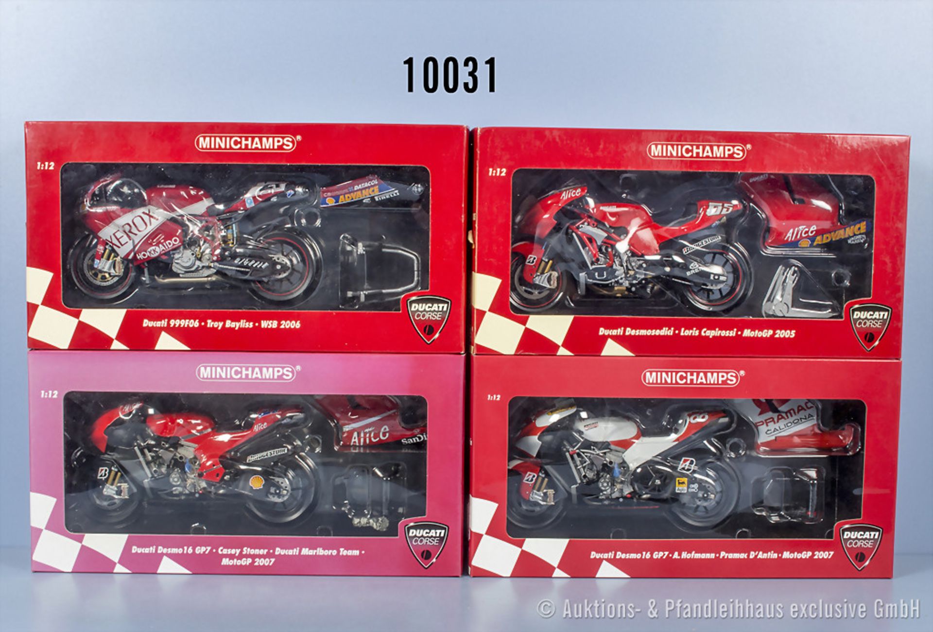 4 Minichamps Motorräder, Ducati Desmosedici Loris Capirossi, Ducati 999F06 Troy Bayliss, ...