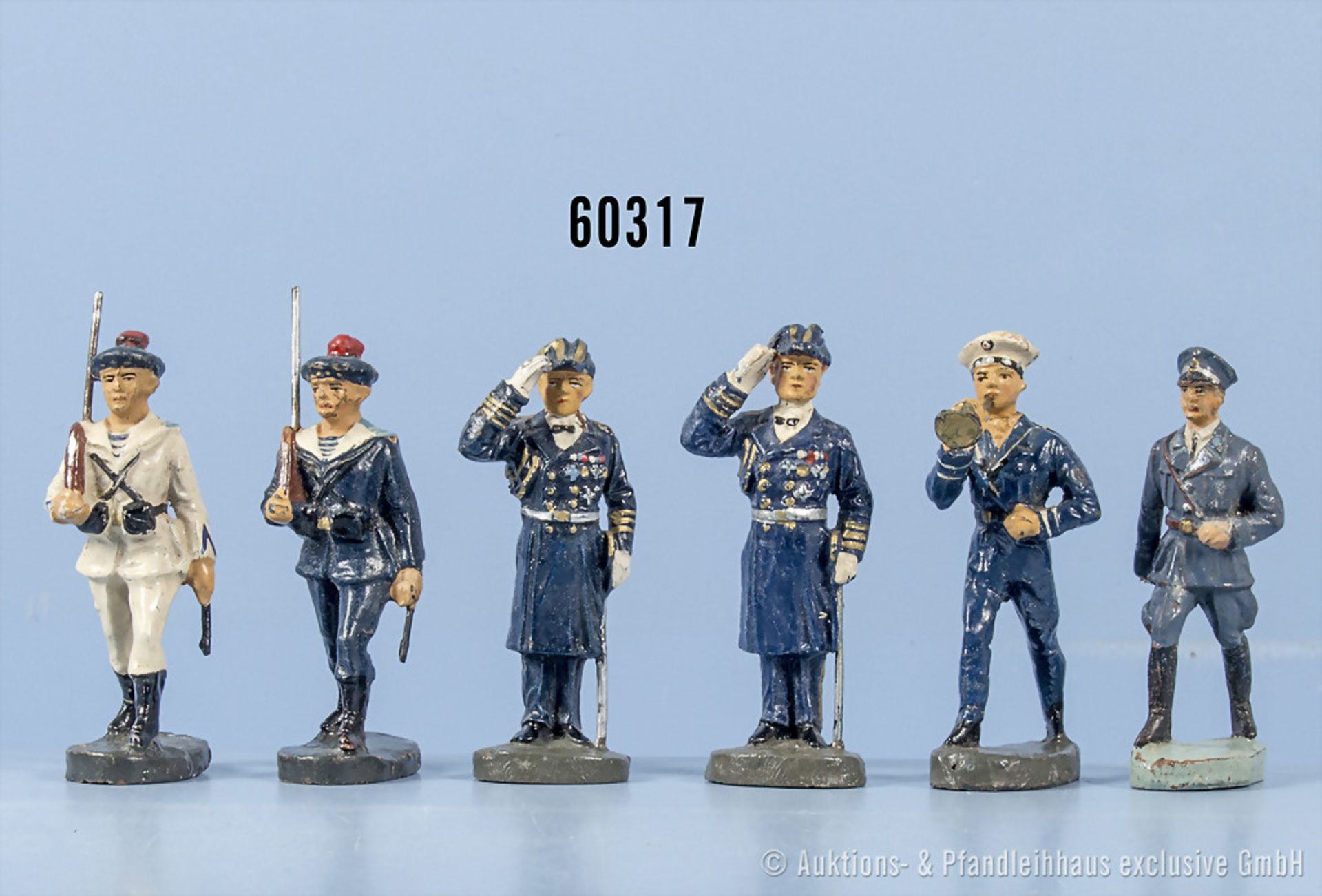 6 Elastolin Figuren, u.a. französische Marinesoldaten "Martous", Großadmiral Raeder ...