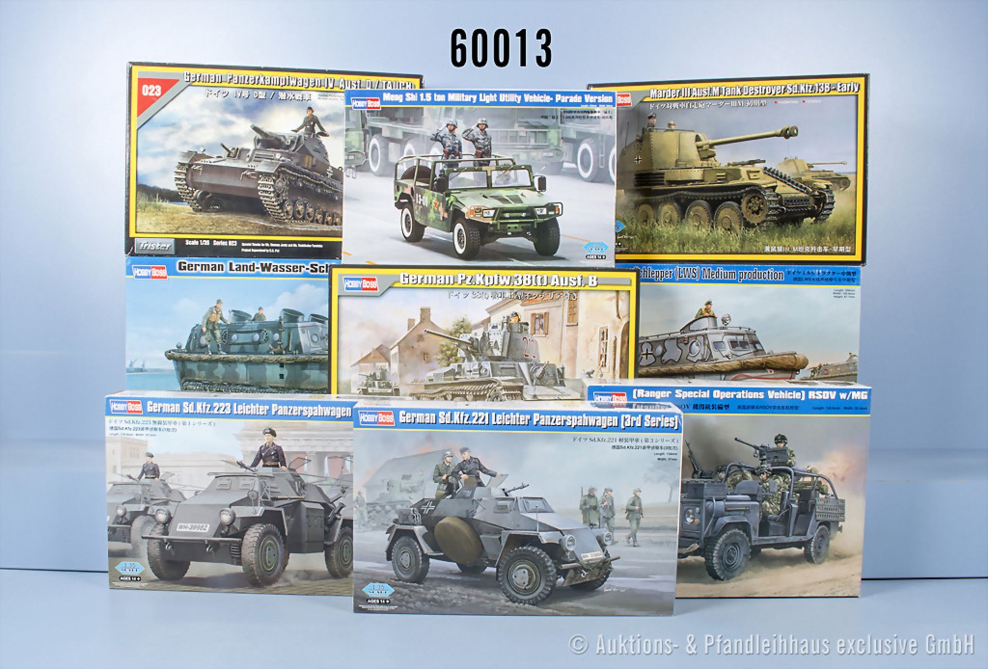 9 Hobby Boss Modellbausätze, dabei 35023 German Panzerkampfwagen, 80169 Marder, 82465 ...