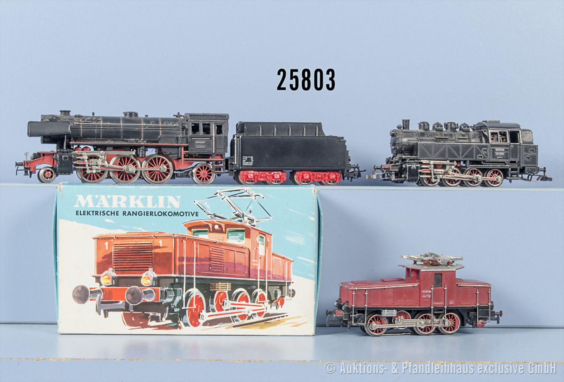 3 Märklin H0 Lokomotiven, dabei 3001 E-Lok der DB, BN E63 02, 3005 Schlepptenderlok der ...