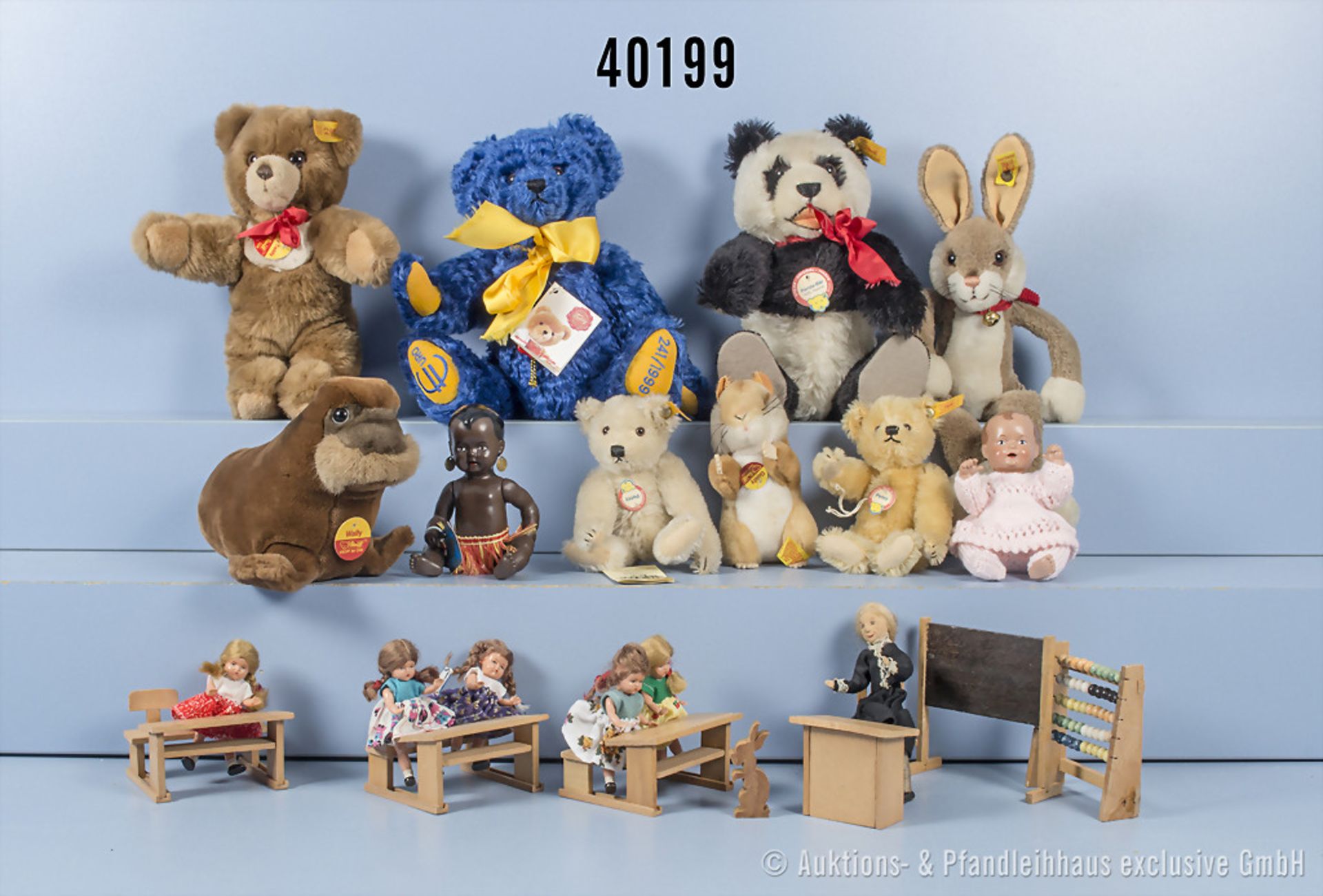 Konv. Puppen und Tiere, dabei Steiif Replica Pand-Bär, KFS, Nr. 408304, 2x Petsy, KFS, ...