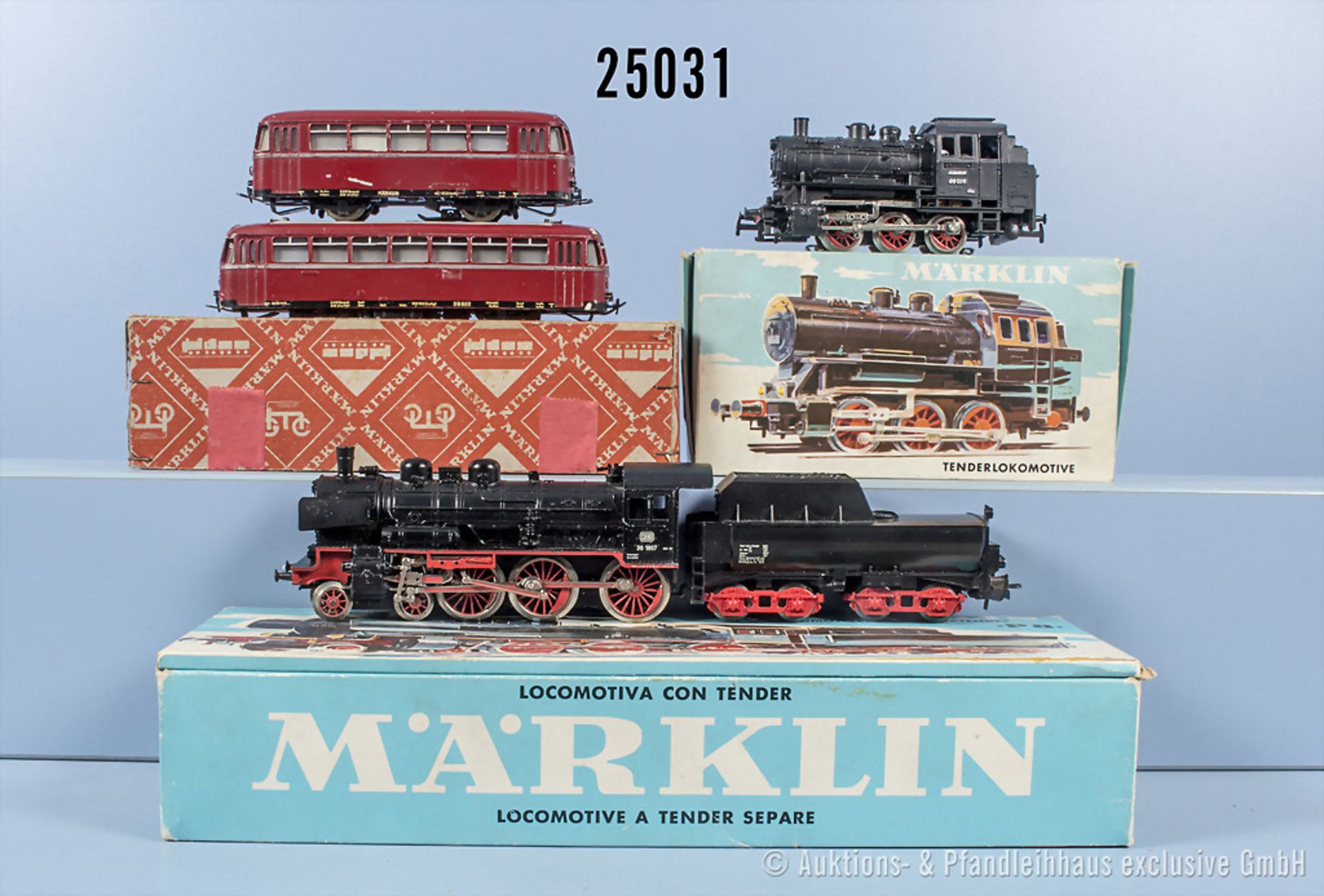 Märklin H0, dabei 3000 Tenderlok der DB, BN 89 028, 3098 Schlepptenderlok der DB, BN 38 ...