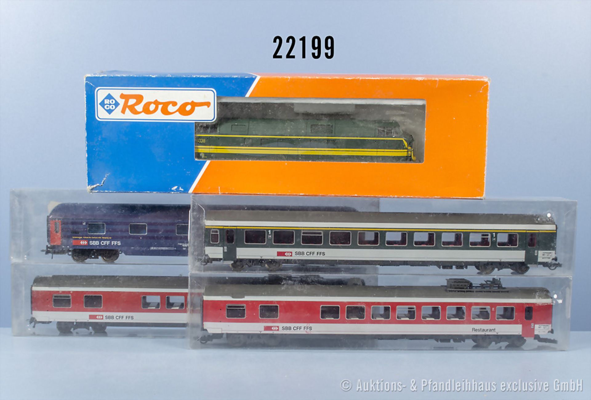 Roco H0 D-Zug, dabei Diesellok der SNCB, BN 6038, ein Drehgestell lose, 2 Personenwagen, ...