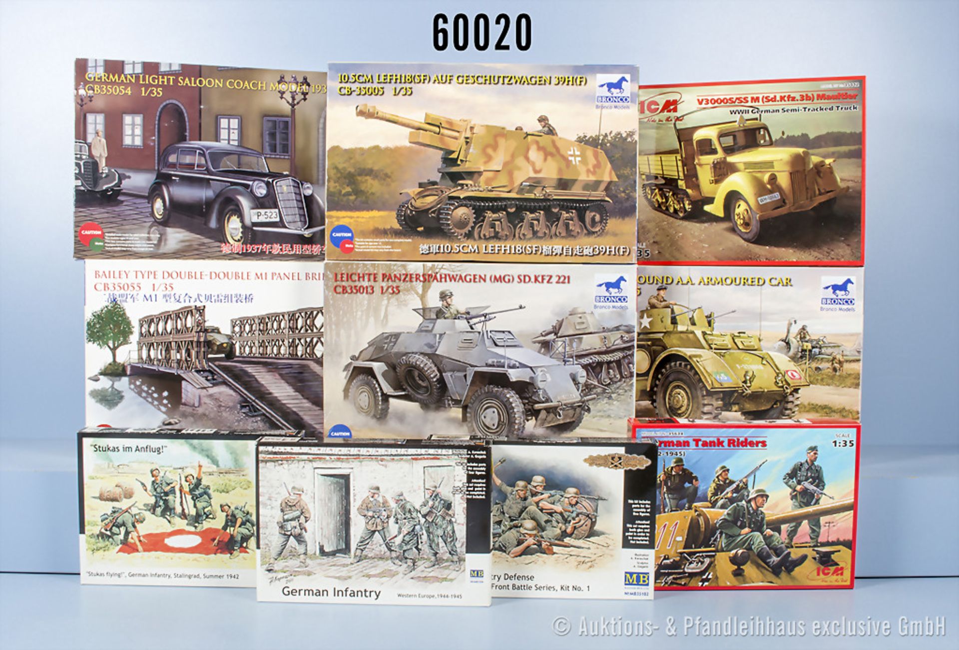 10 Modellbausätze und Figuren, Hersteller Bronco, ICM und MB, dabei 35005 Geschützwagen, ...