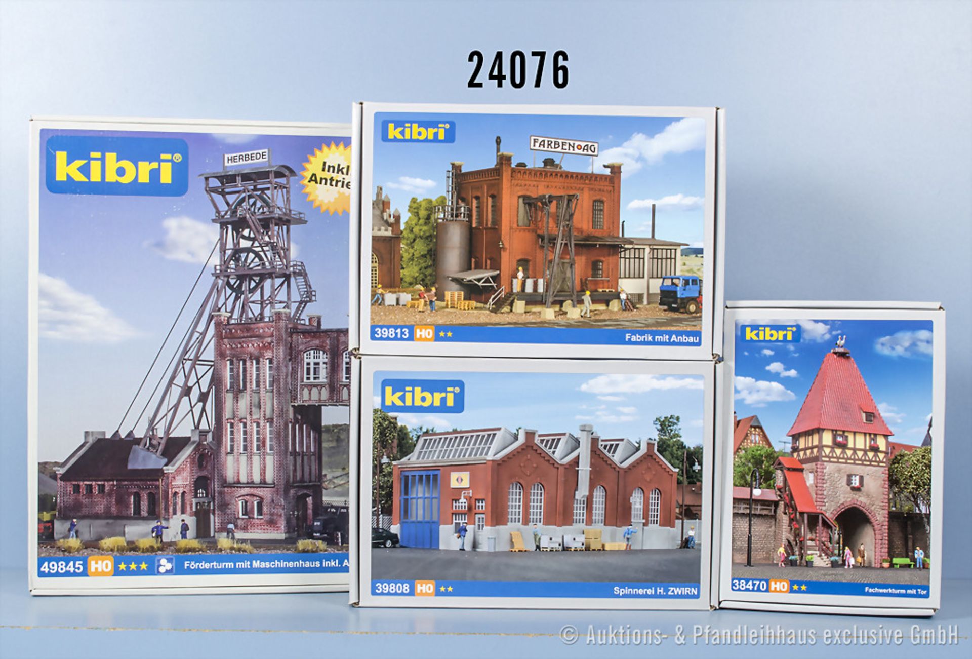 4 Kibri H0 Kunststoffbausätze für Förderturm, Fabrik, Spinnerei und Stadttor, Z 0-1, in ...