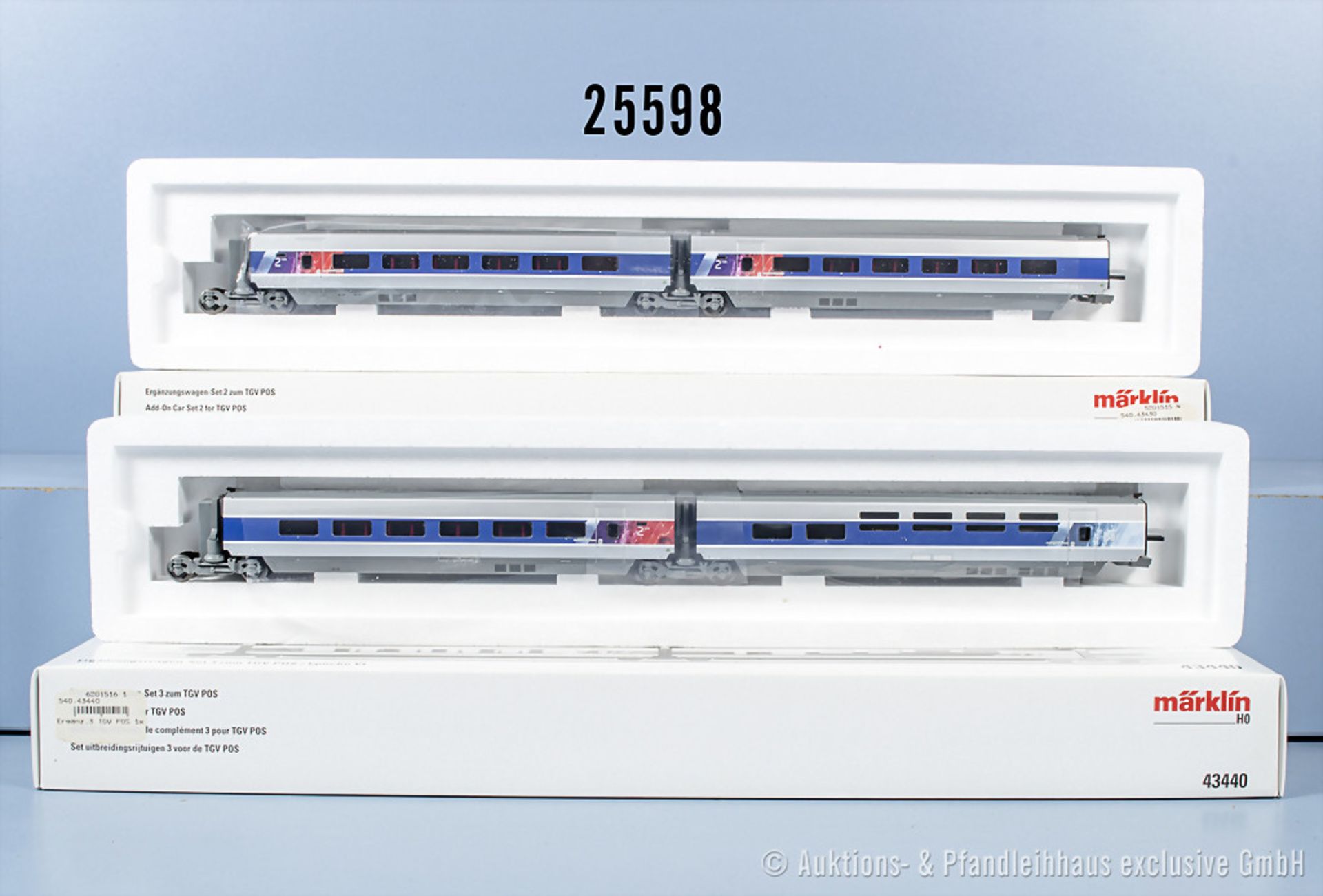 2 Märklin H0 Ergänzungswagensets TGV POS, dabei 43430 und 43440, Z 0-1, in ...