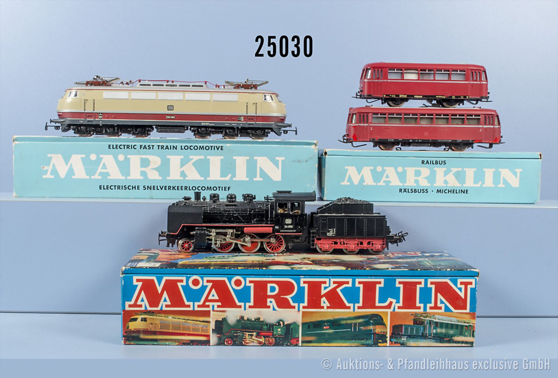 Märklin H0, dabei 3003 Schlepptenderlok der DB, BN 24 058, 3016 Schienenbus der DB, BN ...