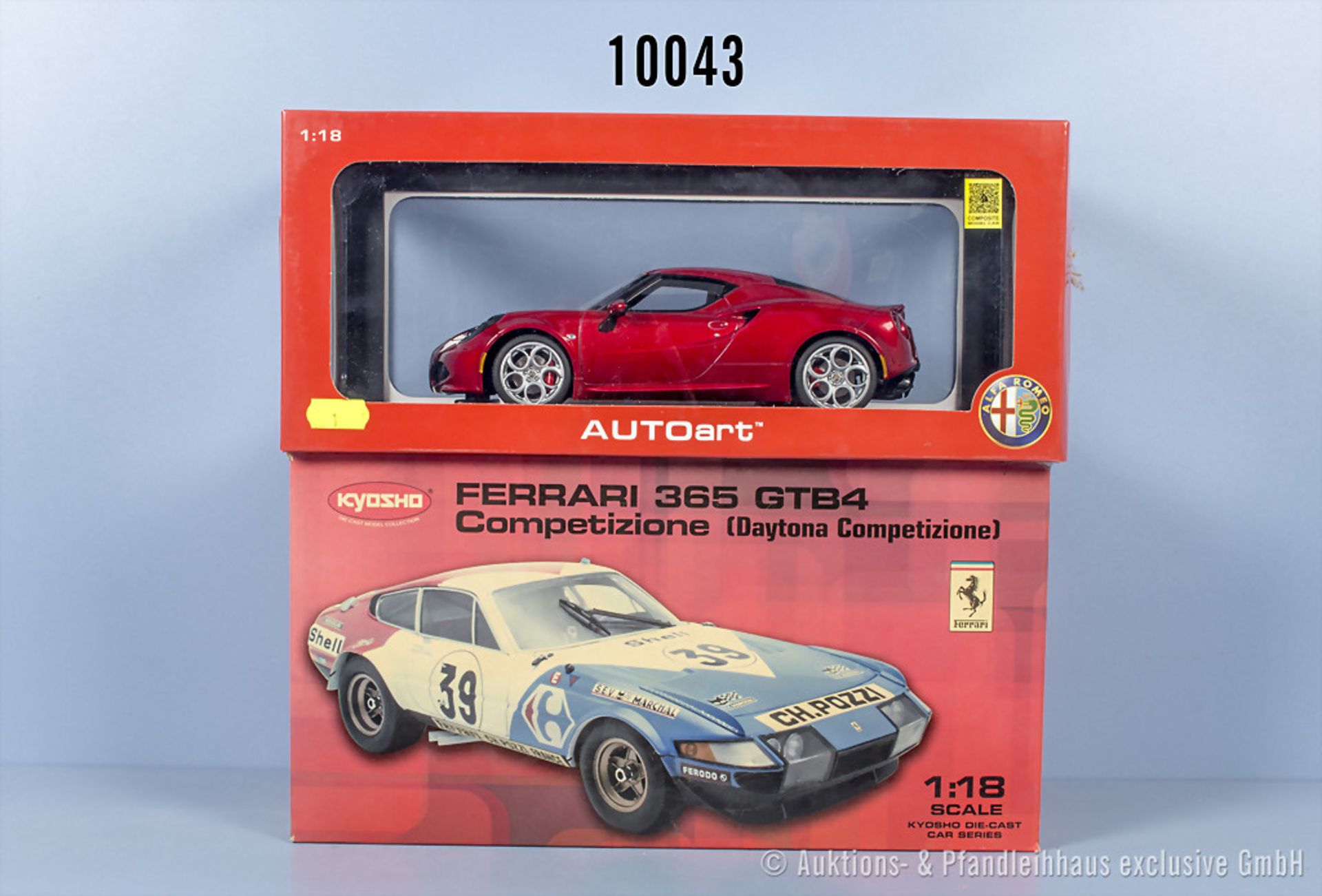 2 Kyosho Modellfahrzeuge, Ferrari 365 GTB4 Competizione (Daytona) und Alfa Romeo 4C, ...