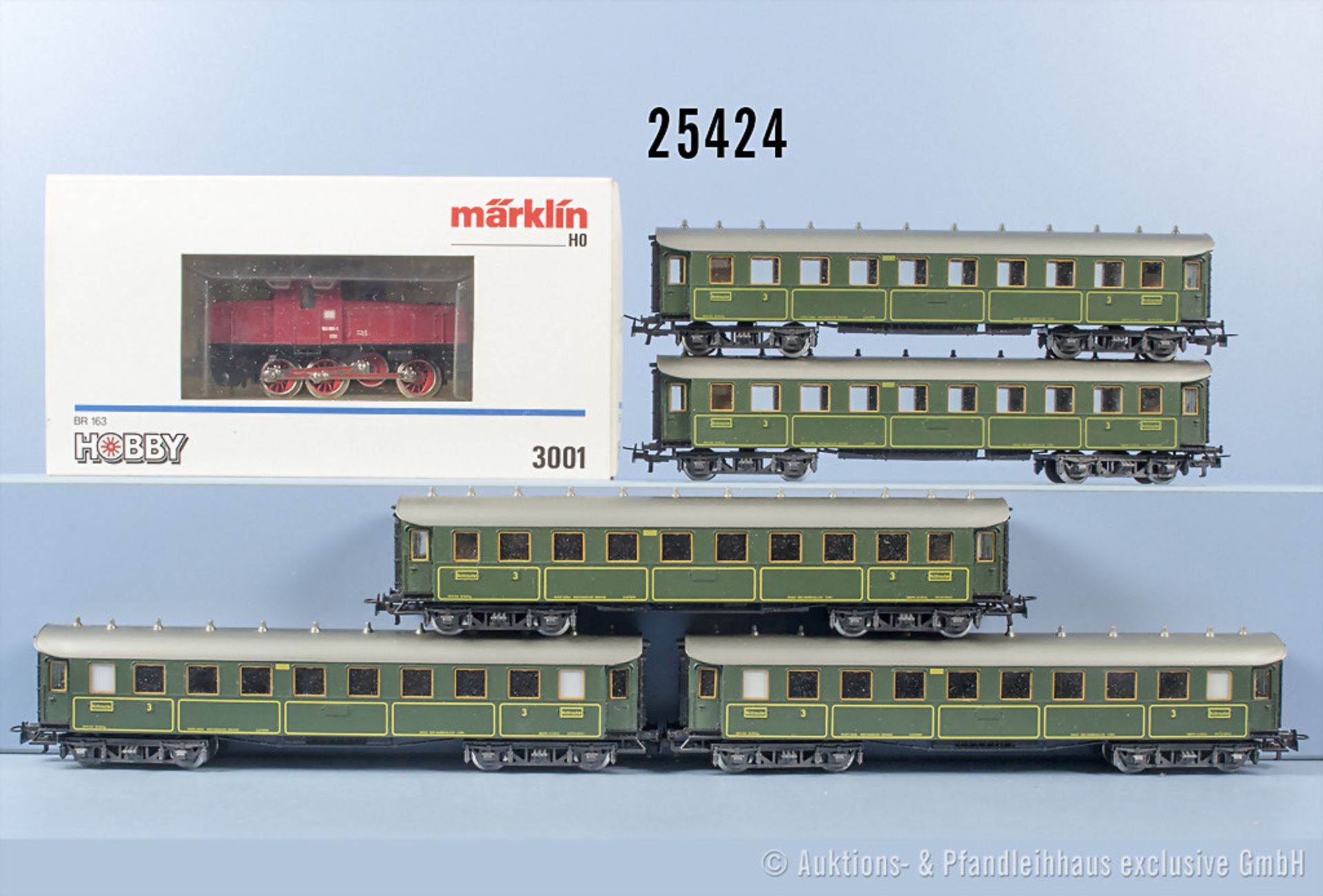 Märklin H0 D-Zug, dabei 3001 E-Lok der DB, BN 163 001-1 und 5 Personenwagen, Z 1-2, 1 x ...