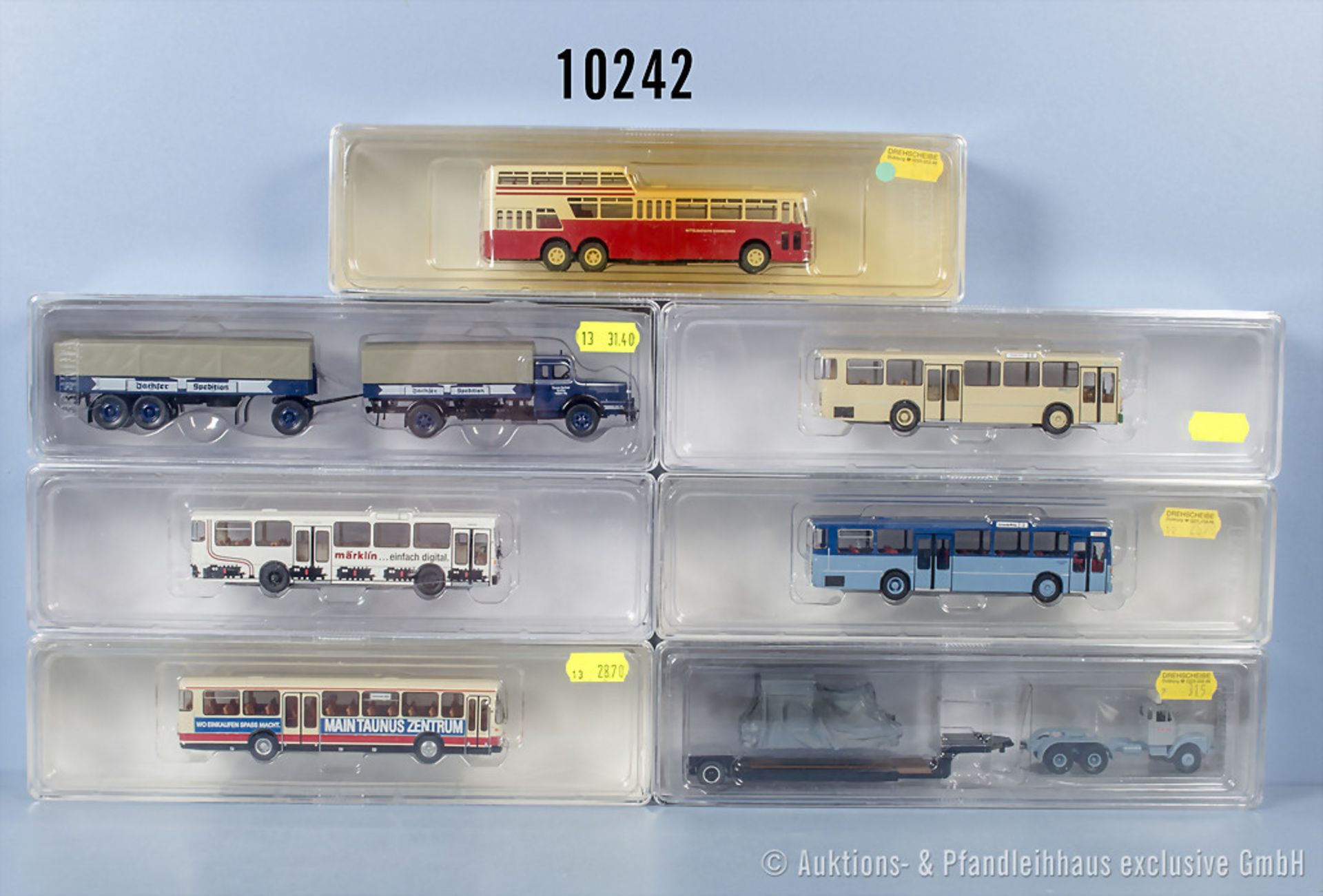 7 Brekina H0 Modellfahrzeuge, Nr. 62015, 85120, 50735, 50706, 86014, 95081 und 50603, Z ...