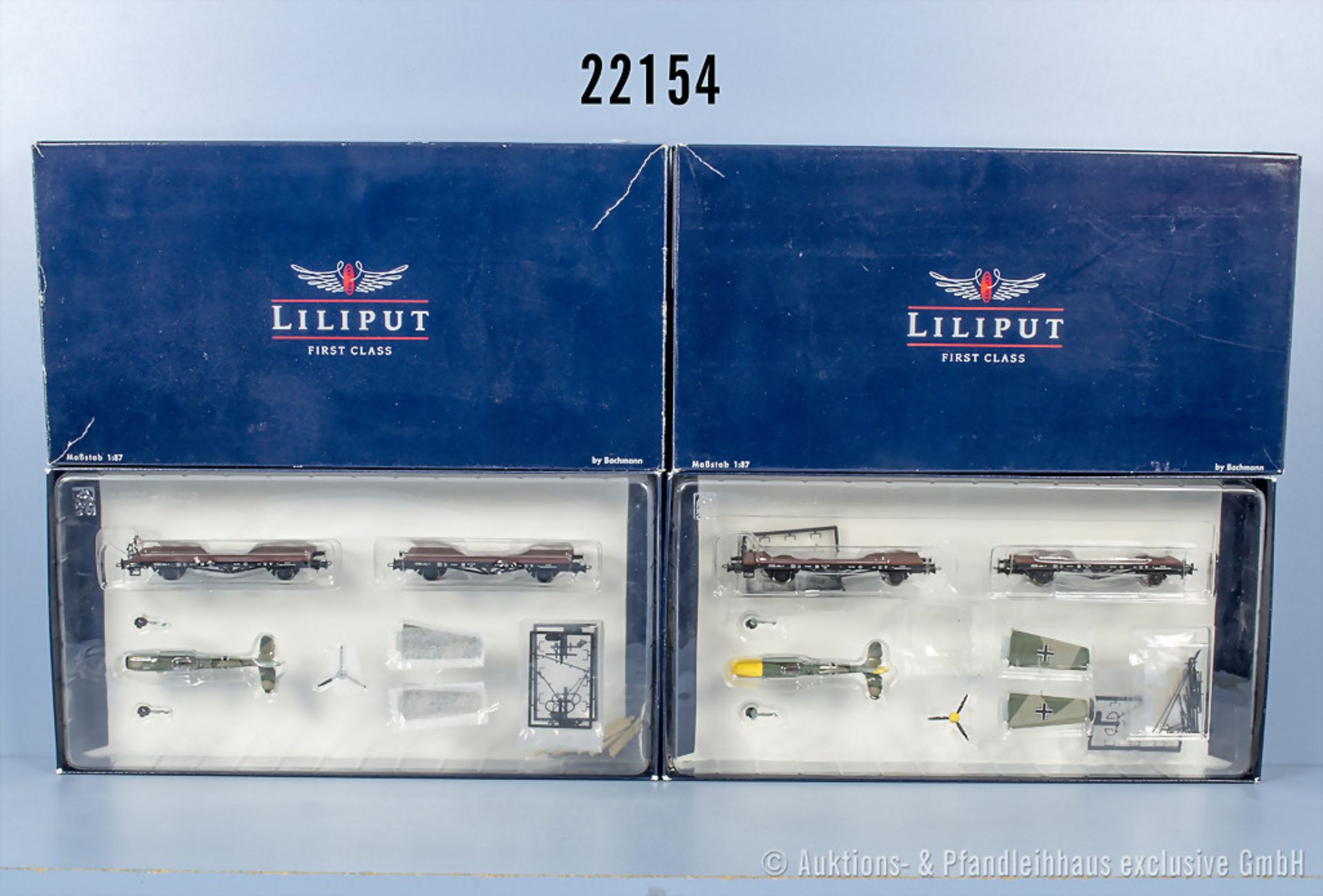 2 Liliput H0 240033 Wagensets, mit 4 Plattformwagen mit Jagdflugzeugen ME109 als Ladung, ...