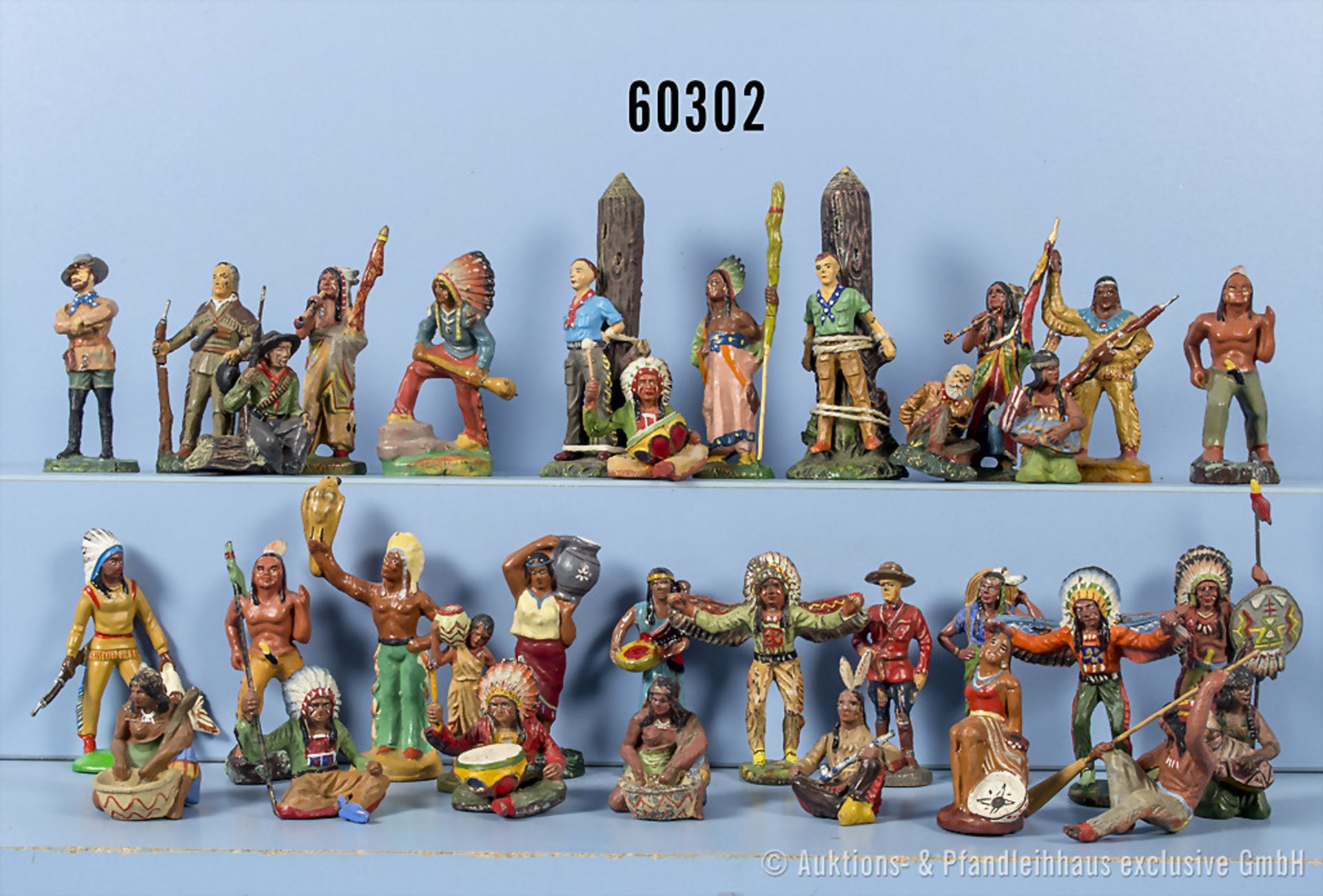 Konv. 33 Wild-West Figuren, Indianer und Cowboys, u.a. Elastolin, Lineol, Leyla, ...