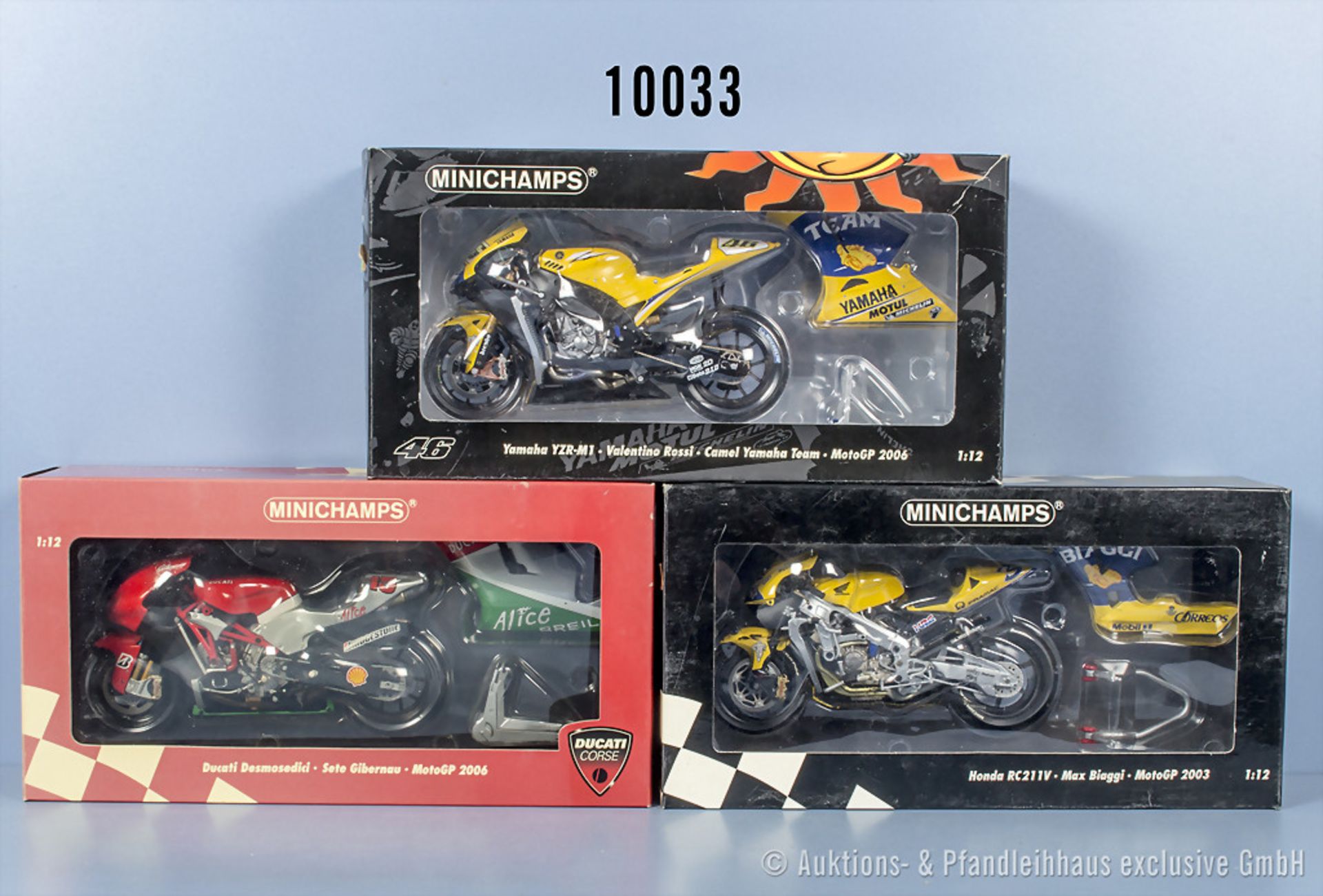 3 Minichamps Motorräder, Yamaha YZR-M1 Valentino Rossi, Ducati Desmosedici Sete ...