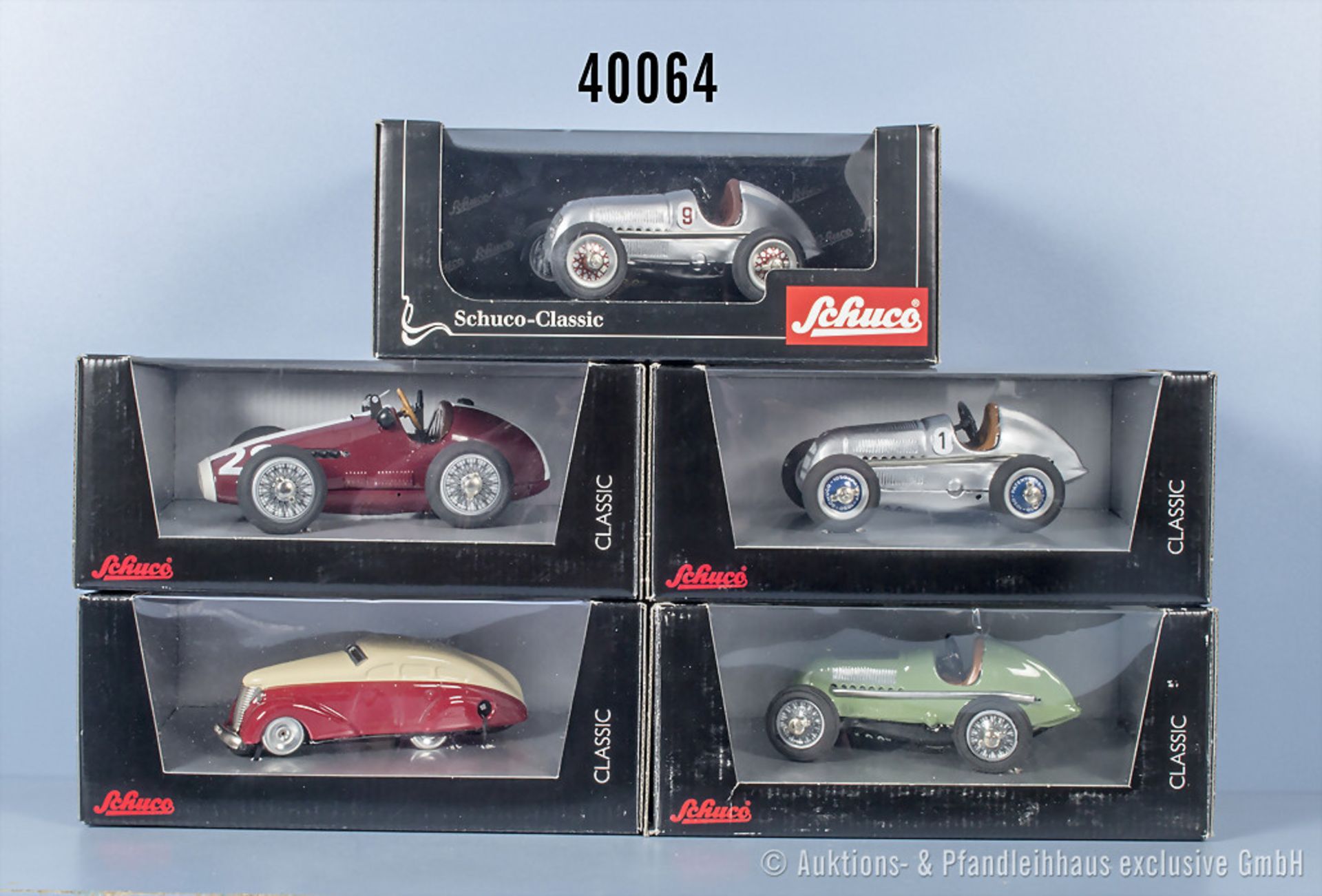 5 Schuco Classic Fahrzeuge, dabei Gran Prix Racer, Wendeauto 1010, Studio I usw., Blech, ...