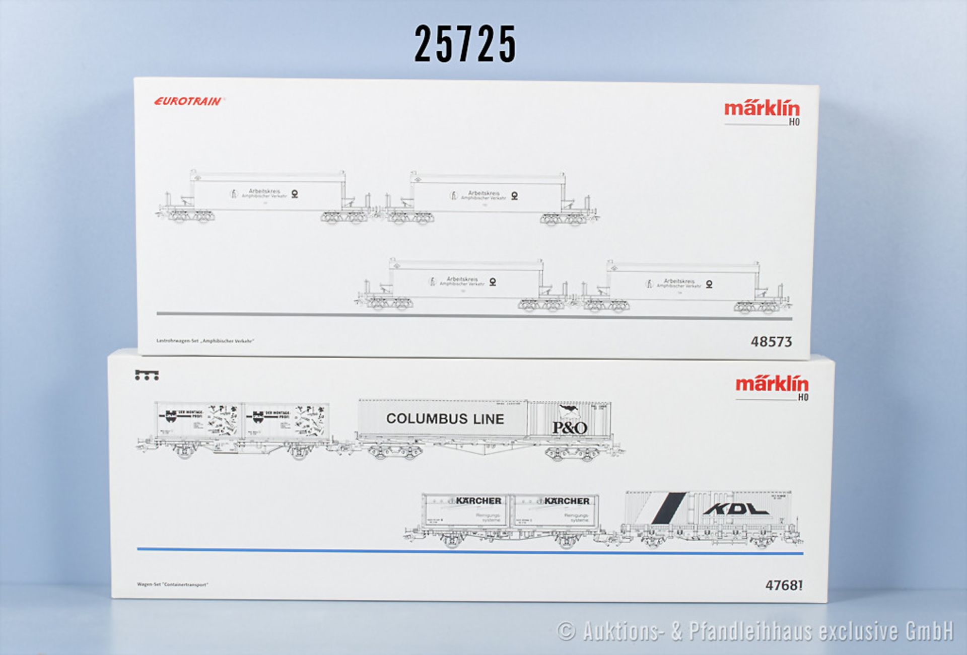 2 Märklin H0 Wagensets, dabei 47681 Containertransport und 48573 amphibischer Verkehr, Z ...