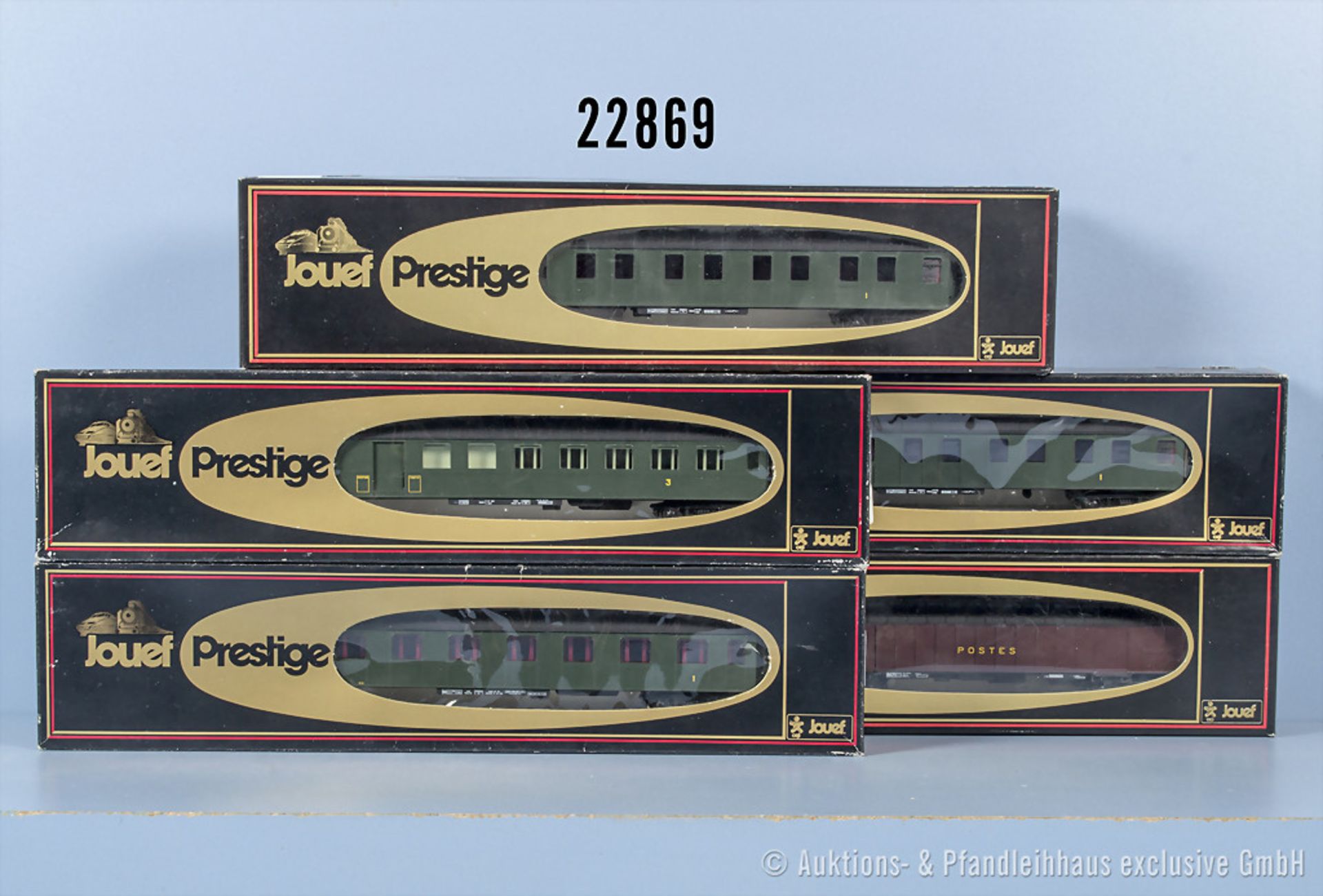 5 Jouef Prestige H0 D-Zug-Wagen, dabei 4 Personenwagen und 1 Postwagen, Z 1, in ...