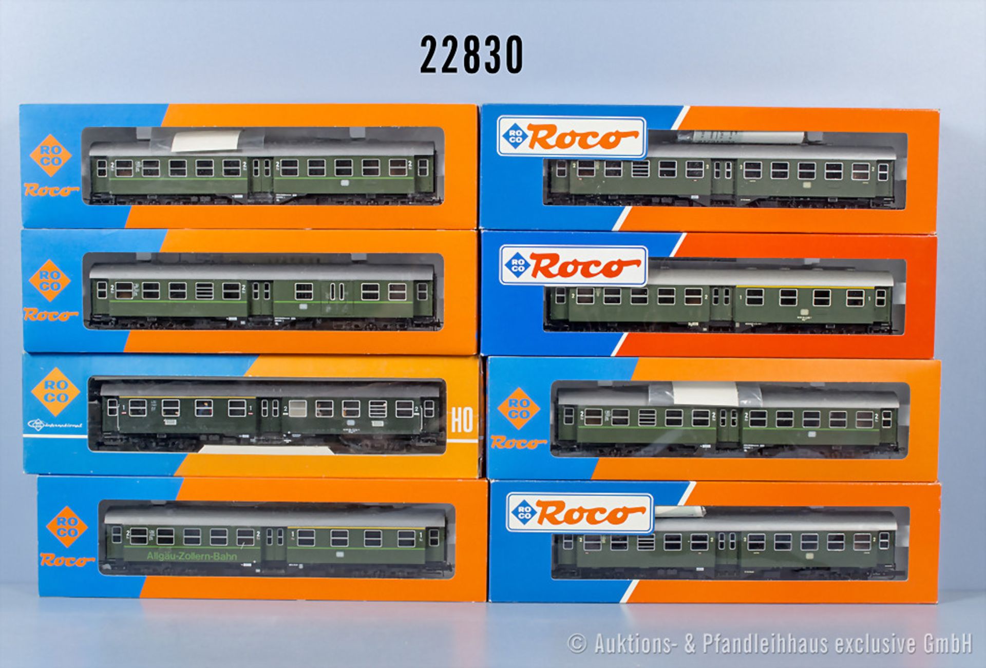 8 Roco H0 D-Zug-Wagen, dabei 7 Personenwagen und 1 Halbgepäckwagen, Z 1, in OVP, 1 x ...